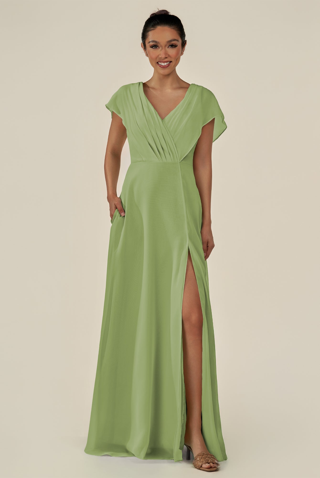 KissDress-Aven Matcha A Line Chiffon Cap Sleeves V Neck Pleated Long Bridesmaid Dress with Slit