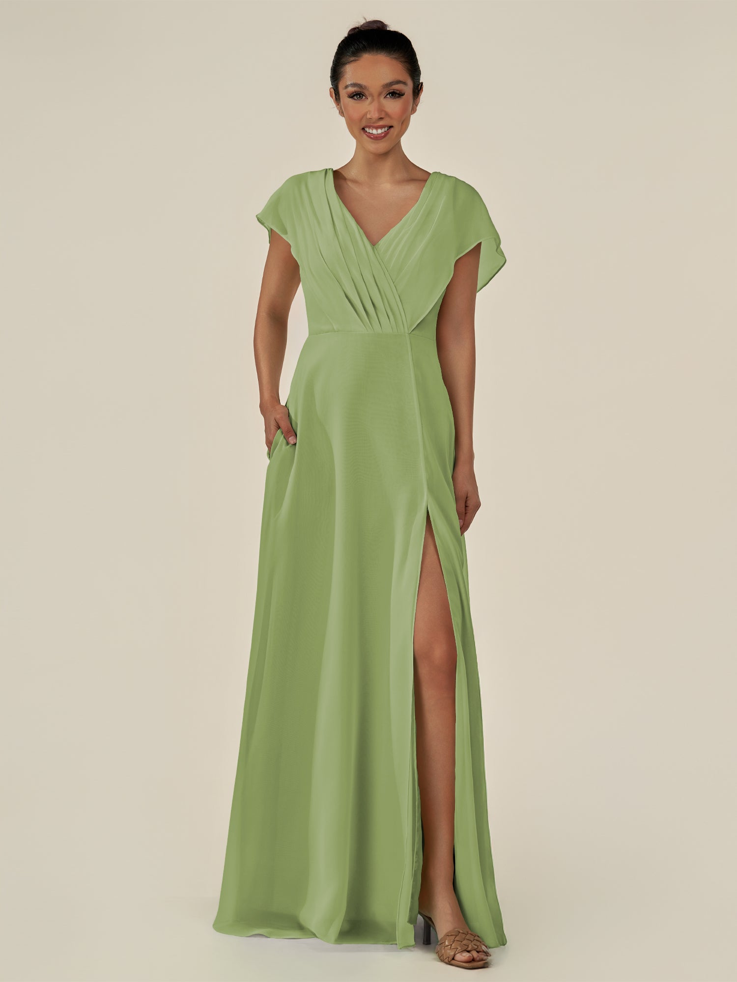 KissDress-Aven Matcha A Line Chiffon Cap Sleeves V Neck Pleated Long Bridesmaid Dress with Slit