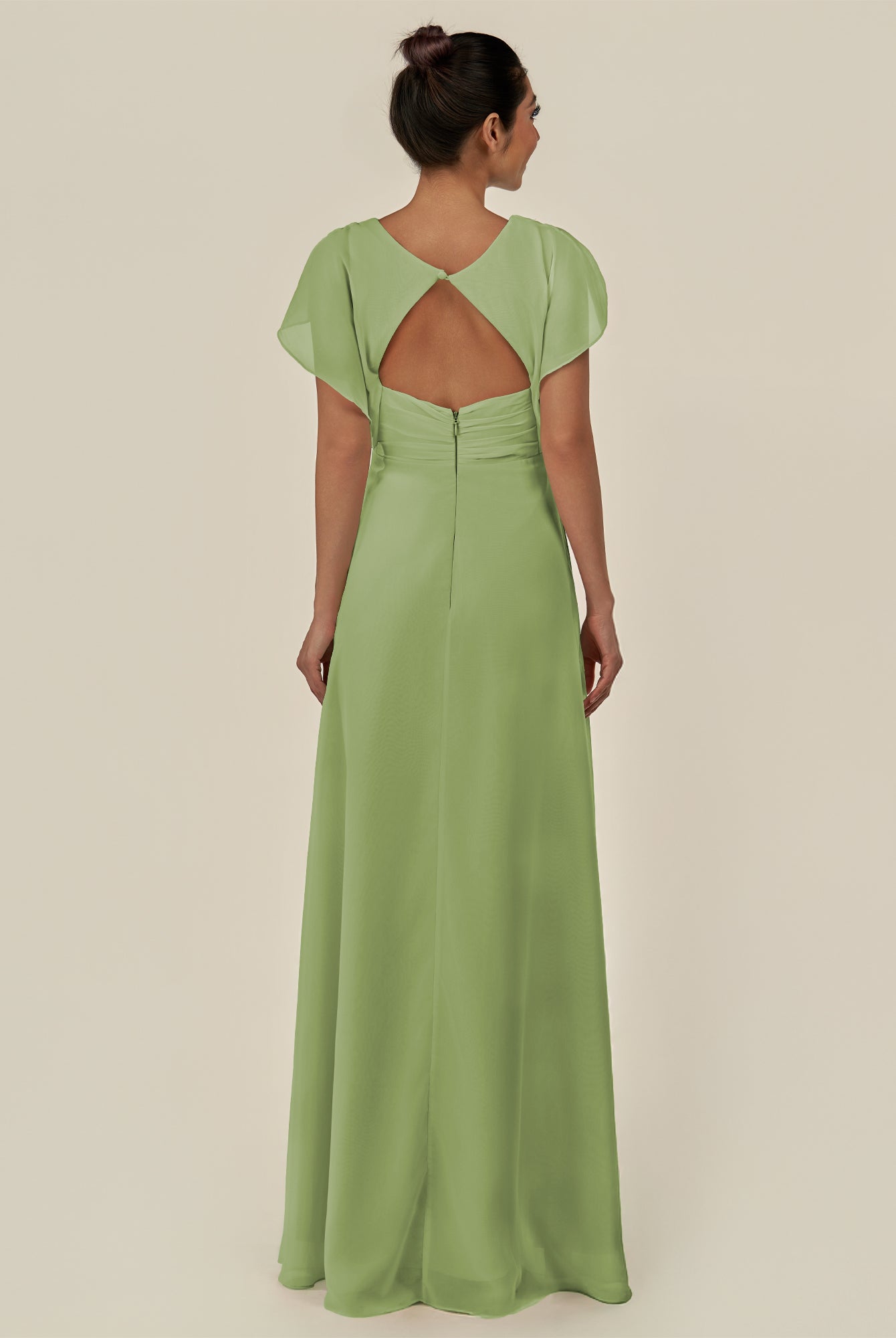 KissDress-Aven Matcha A Line Chiffon Cap Sleeves V Neck Pleated Long Bridesmaid Dress with Slit