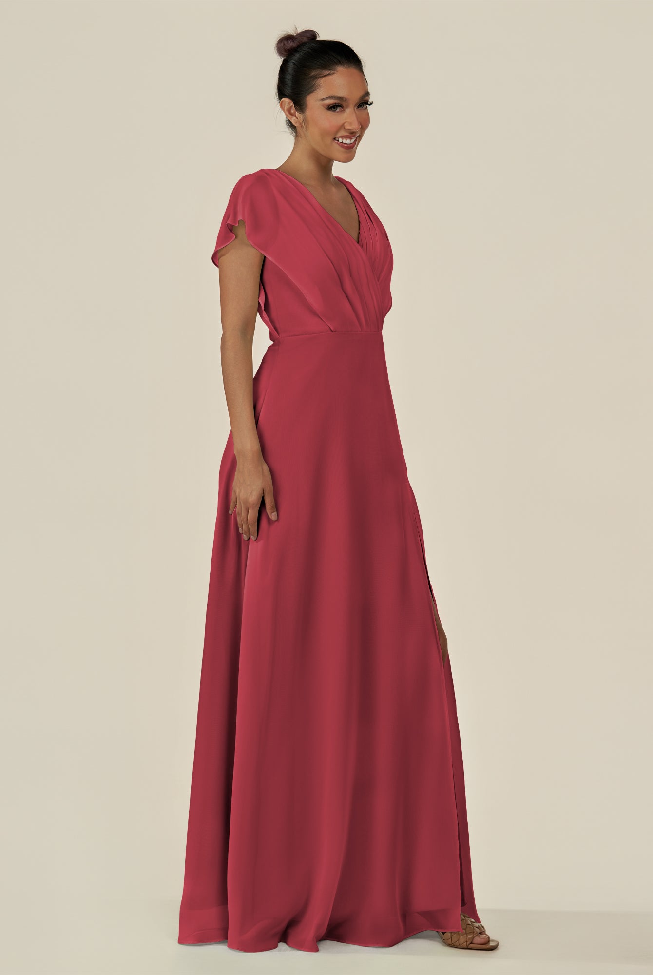 KissDress-Aven Merlot A Line Chiffon Cap Sleeves V Neck Pleated Long Bridesmaid Dress with Slit