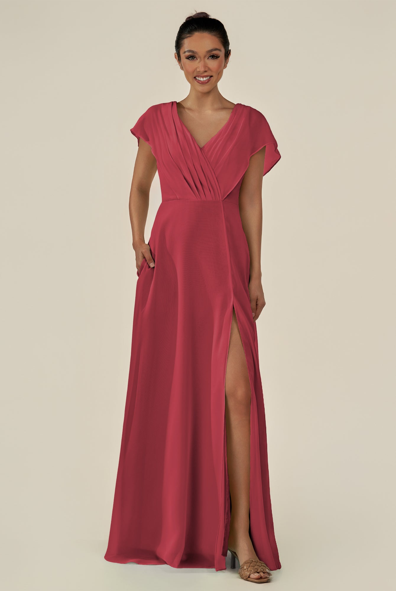 KissDress-Aven Merlot A Line Chiffon Cap Sleeves V Neck Pleated Long Bridesmaid Dress with Slit
