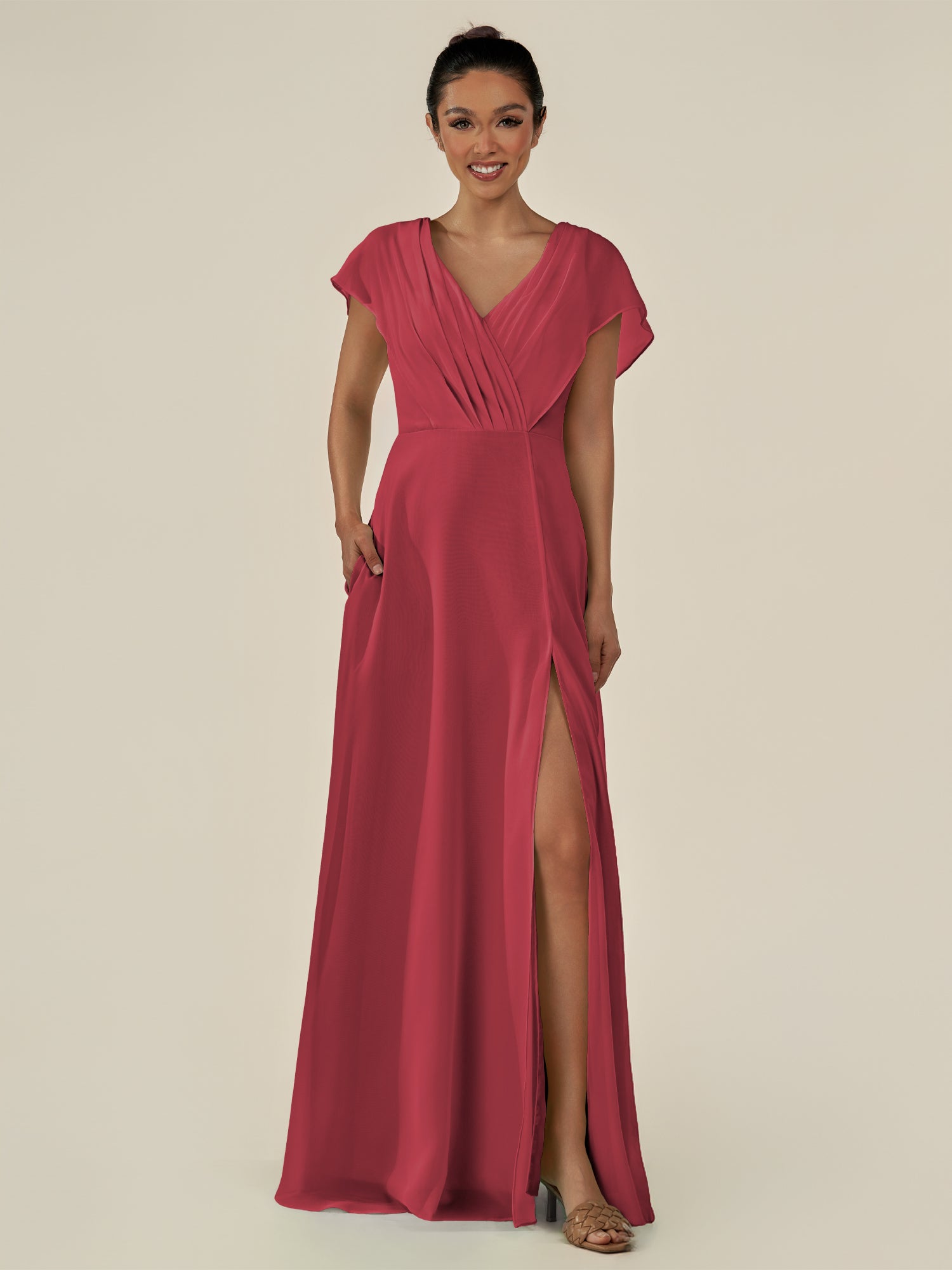 KissDress-Aven Merlot A Line Chiffon Cap Sleeves V Neck Pleated Long Bridesmaid Dress with Slit