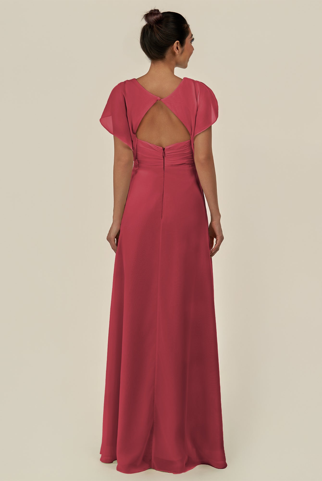 KissDress-Aven Merlot A Line Chiffon Cap Sleeves V Neck Pleated Long Bridesmaid Dress with Slit