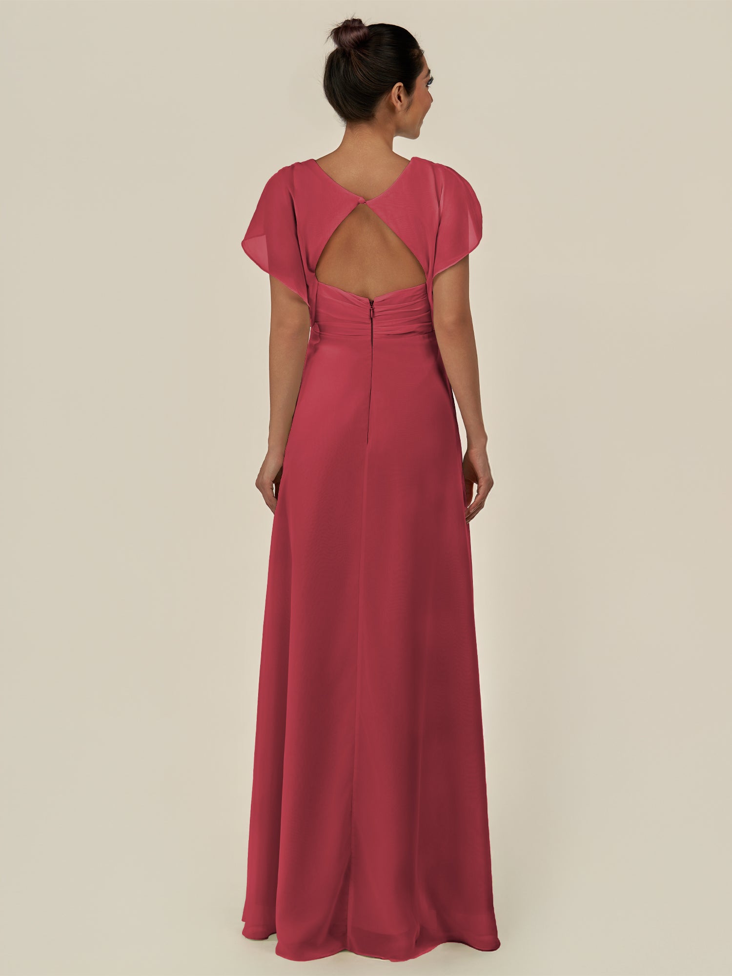KissDress-Aven Merlot A Line Chiffon Cap Sleeves V Neck Pleated Long Bridesmaid Dress with Slit