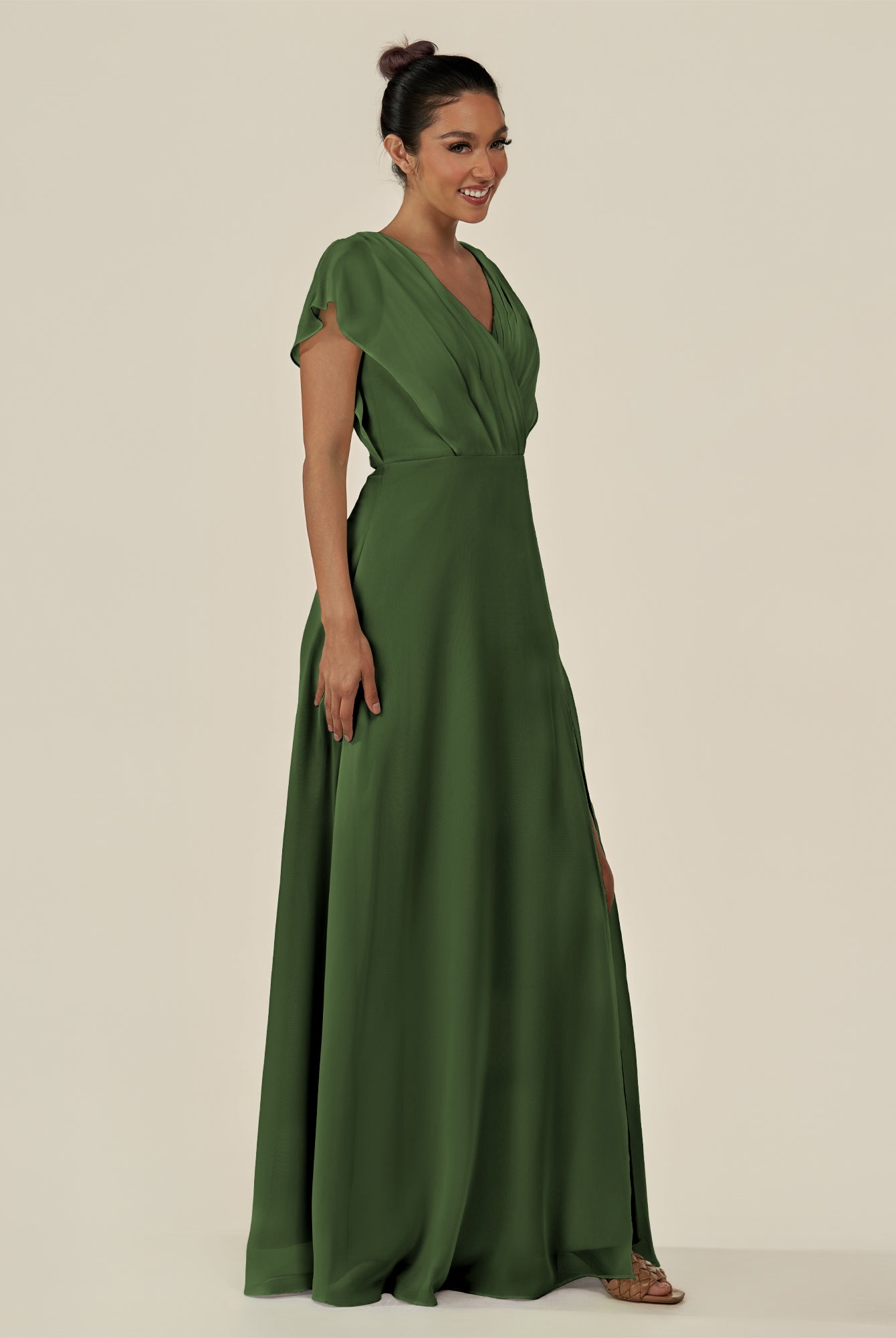 KissDress-Aven Moss A Line Chiffon Cap Sleeves V Neck Pleated Long Bridesmaid Dress with Slit