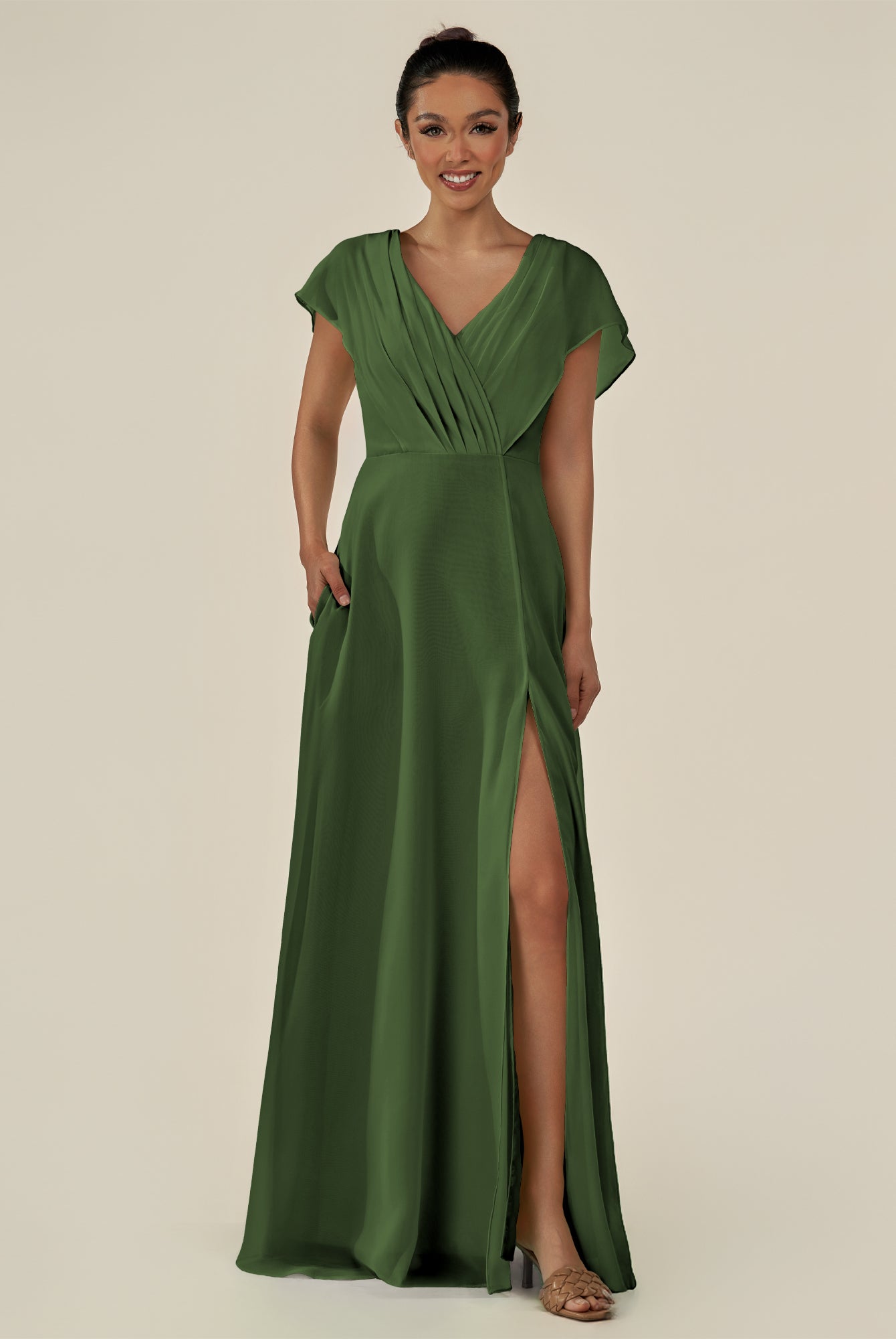 KissDress-Aven Moss A Line Chiffon Cap Sleeves V Neck Pleated Long Bridesmaid Dress with Slit