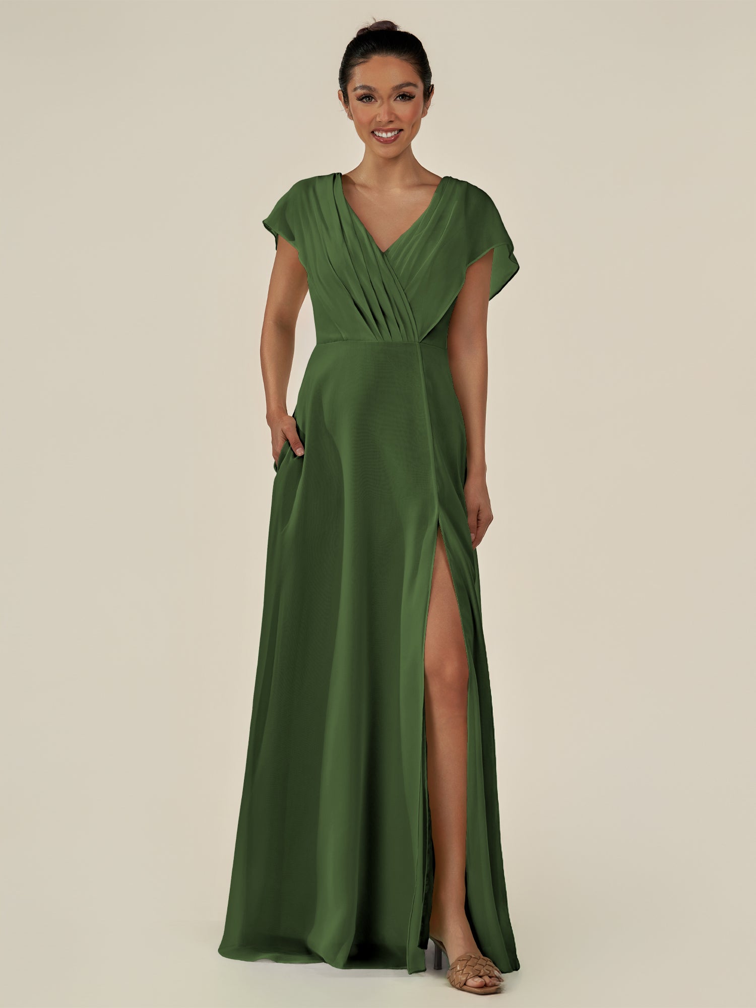 KissDress-Aven Moss A Line Chiffon Cap Sleeves V Neck Pleated Long Bridesmaid Dress with Slit