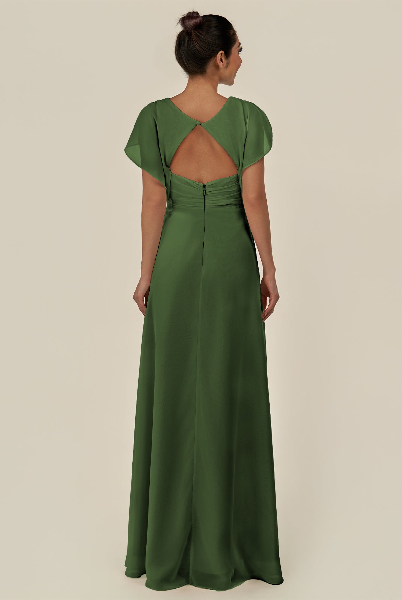 KissDress-Aven Moss A Line Chiffon Cap Sleeves V Neck Pleated Long Bridesmaid Dress with Slit