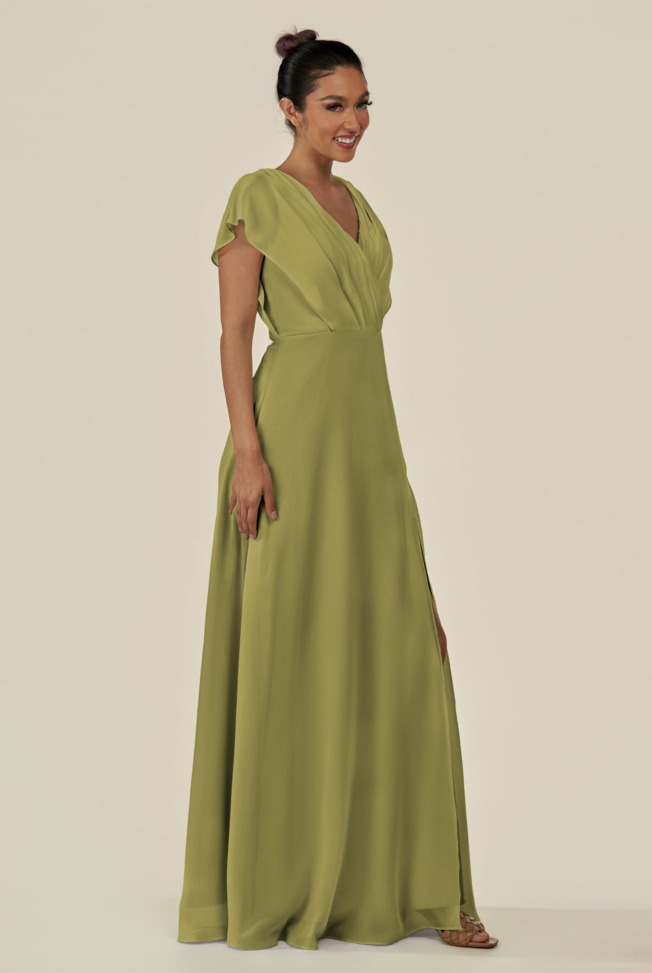 KissDress-Aven Moss Green A Line Chiffon Cap Sleeves V Neck Pleated Long Bridesmaid Dress with Slit
