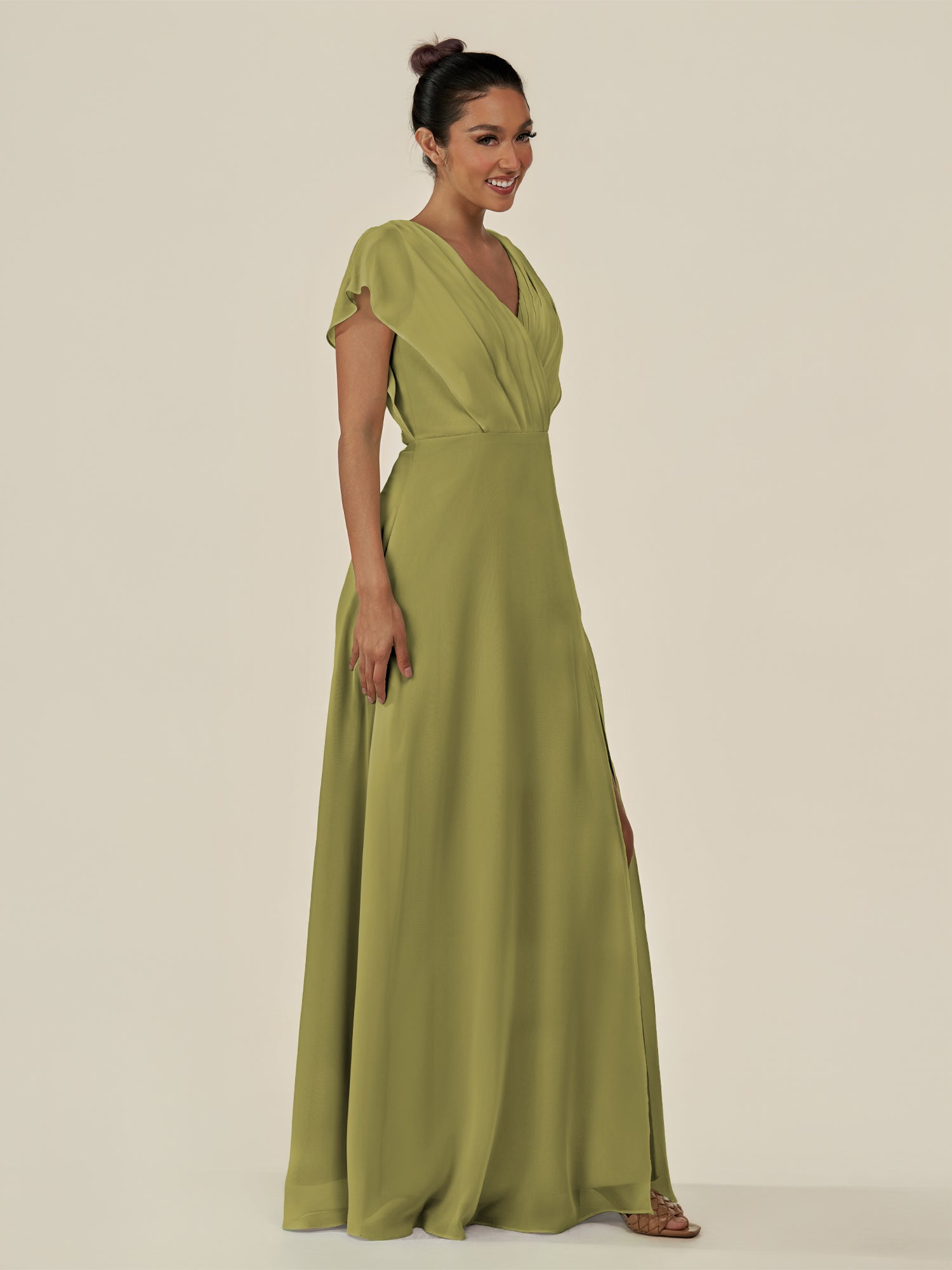 KissDress-Aven Moss Green A Line Chiffon Cap Sleeves V Neck Pleated Long Bridesmaid Dress with Slit