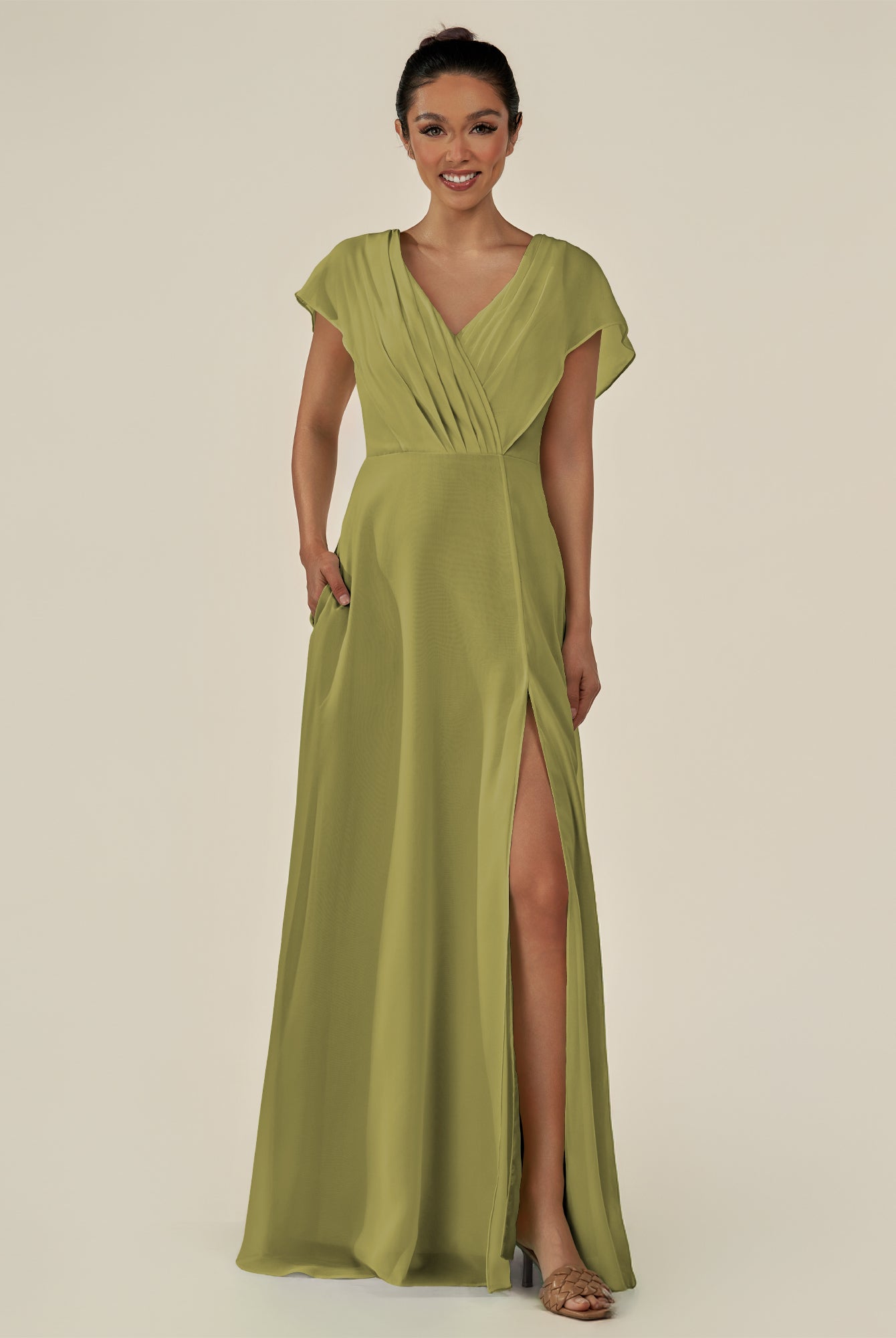 KissDress-Aven Moss Green A Line Chiffon Cap Sleeves V Neck Pleated Long Bridesmaid Dress with Slit