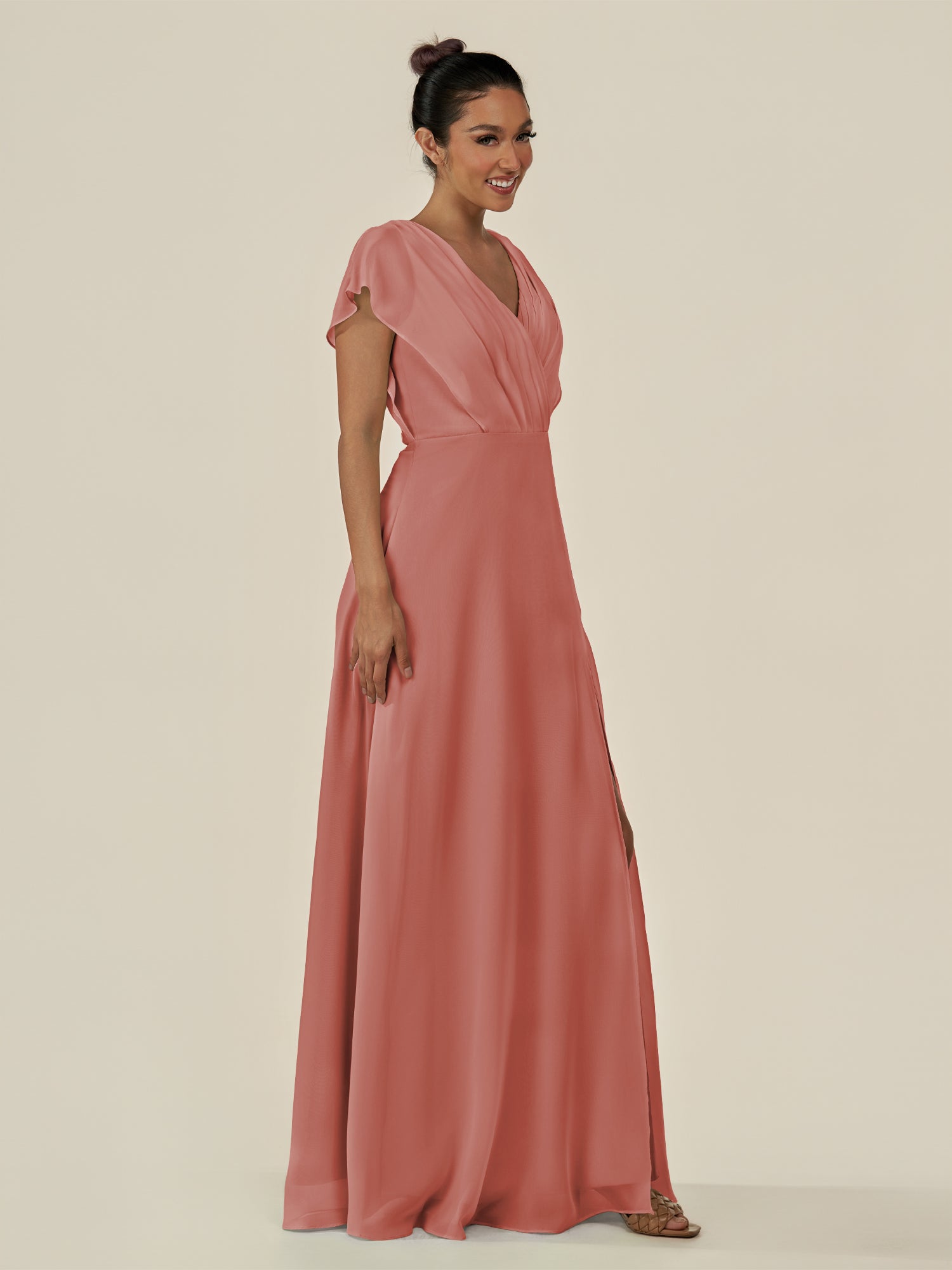 KissDress-Aven Mulberry A Line Chiffon Cap Sleeves V Neck Pleated Long Bridesmaid Dress with Slit