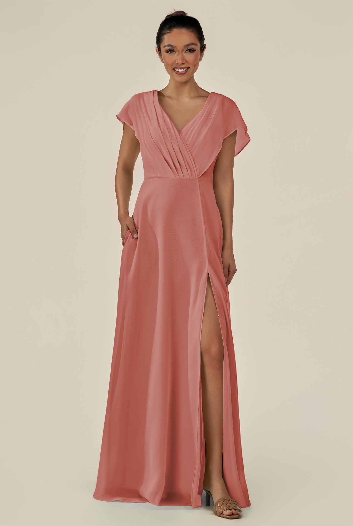 KissDress-Aven Mulberry A Line Chiffon Cap Sleeves V Neck Pleated Long Bridesmaid Dress with Slit