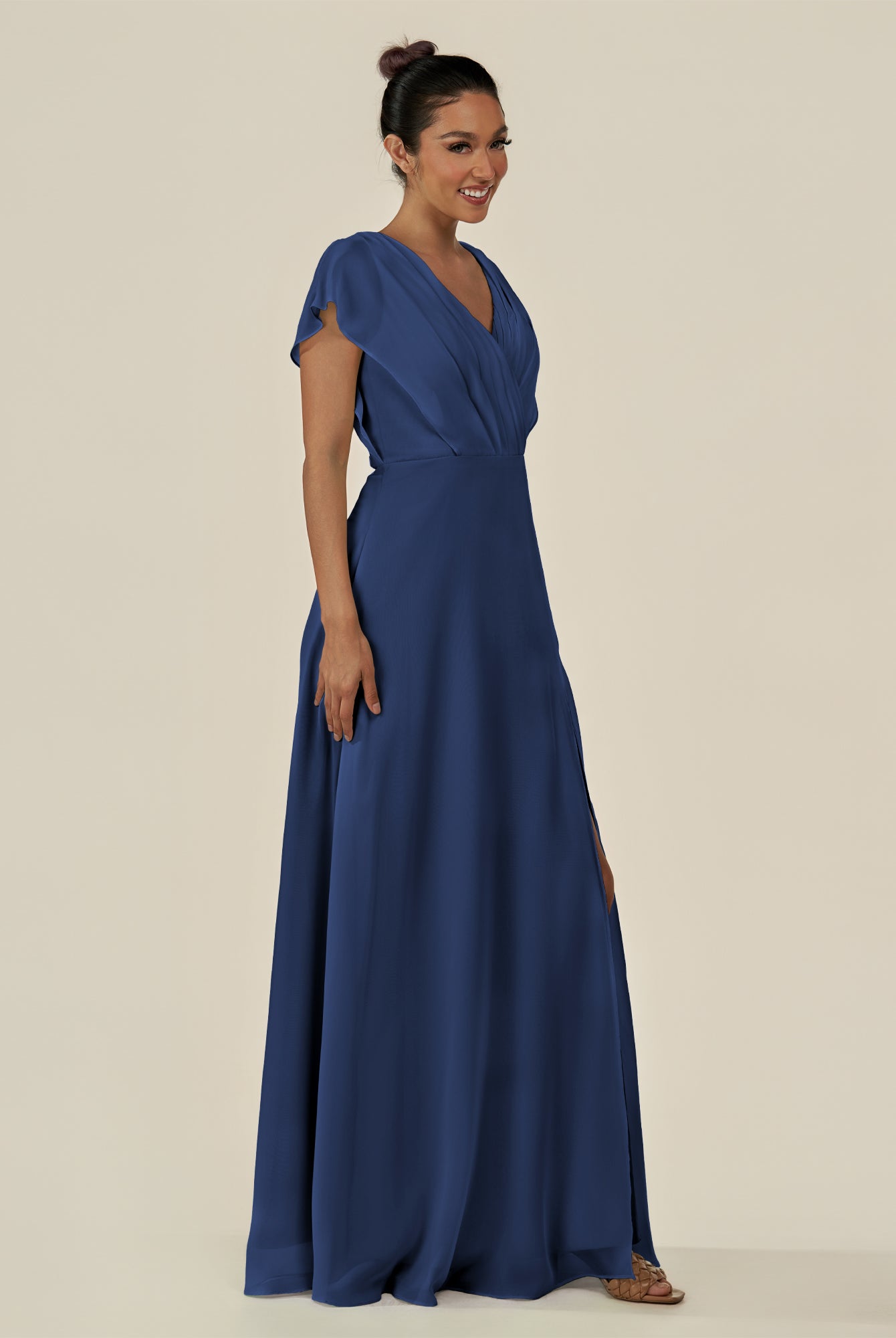 KissDress-Aven Navy A Line Chiffon Cap Sleeves V Neck Pleated Long Bridesmaid Dress with Slit