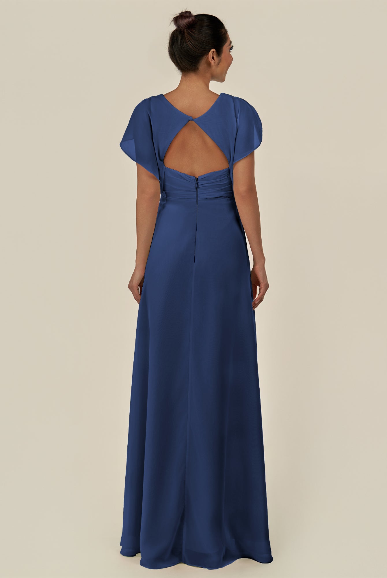 KissDress-Aven Navy A Line Chiffon Cap Sleeves V Neck Pleated Long Bridesmaid Dress with Slit