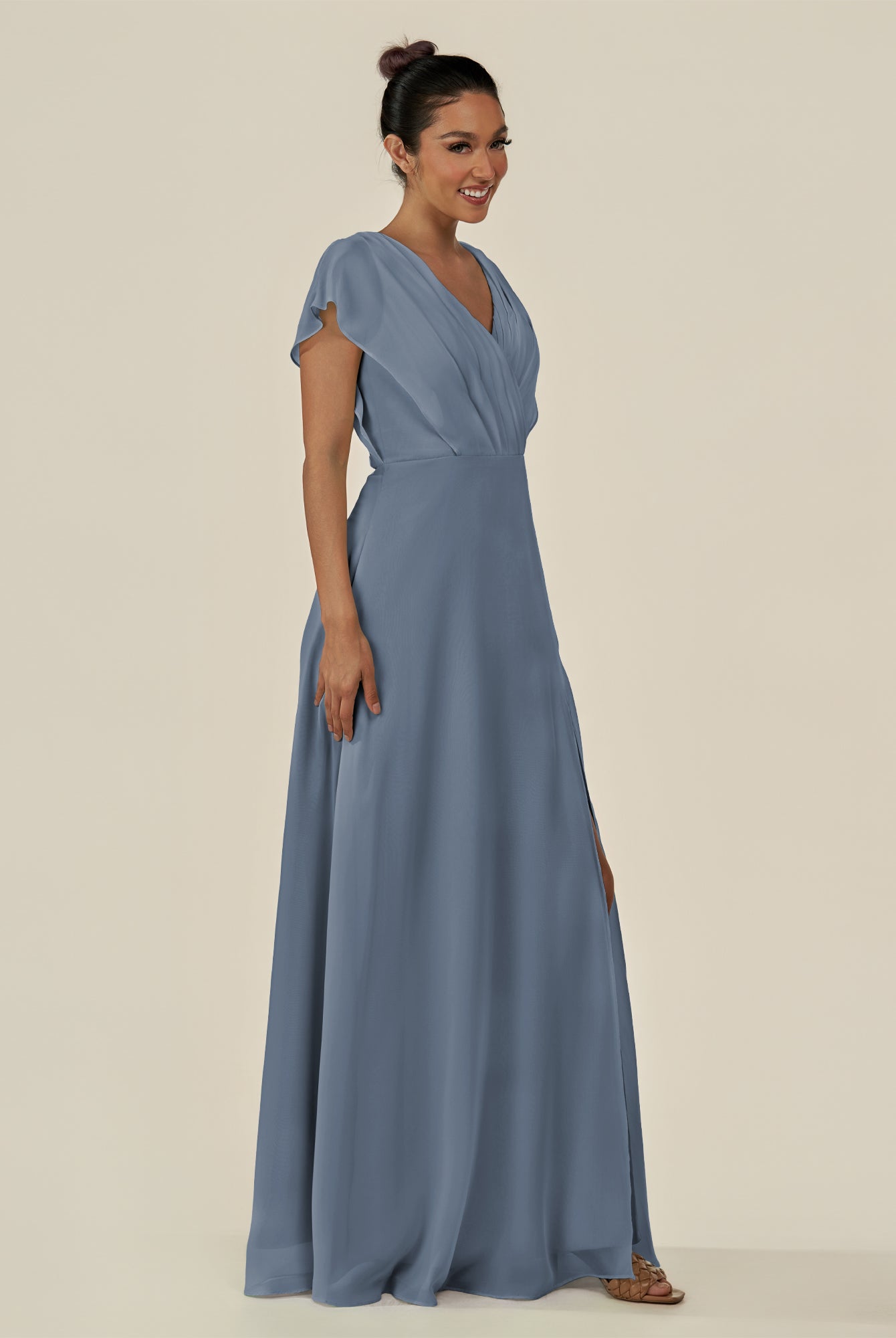 KissDress-Aven Neptune A Line Chiffon Cap Sleeves V Neck Pleated Long Bridesmaid Dress with Slit