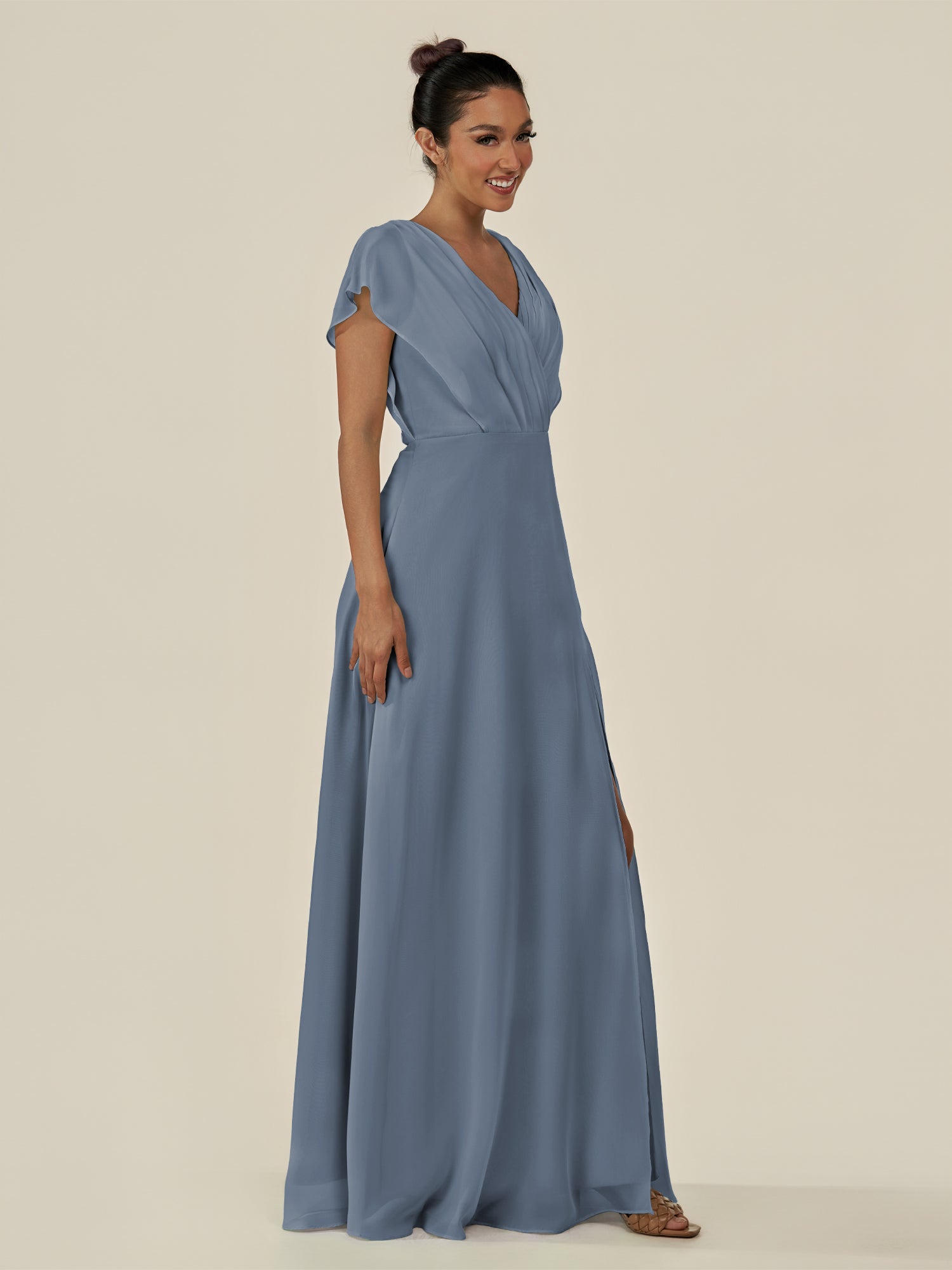 KissDress-Aven Neptune A Line Chiffon Cap Sleeves V Neck Pleated Long Bridesmaid Dress with Slit