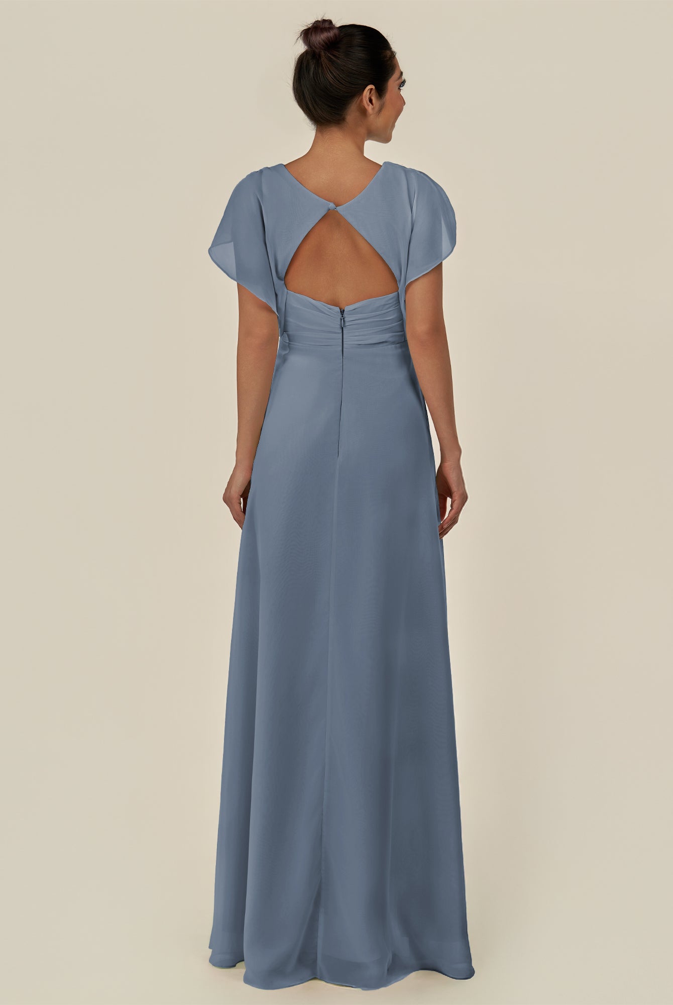 KissDress-Aven Neptune A Line Chiffon Cap Sleeves V Neck Pleated Long Bridesmaid Dress with Slit