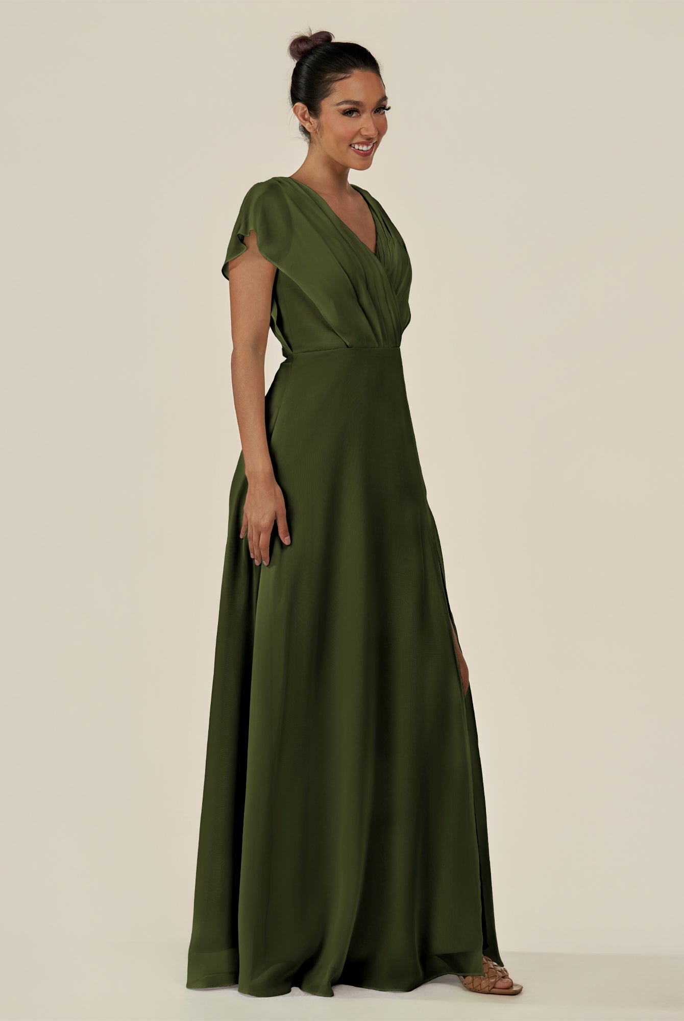 KissDress-Aven Olive A Line Chiffon Cap Sleeves V Neck Pleated Long Bridesmaid Dress with Slit