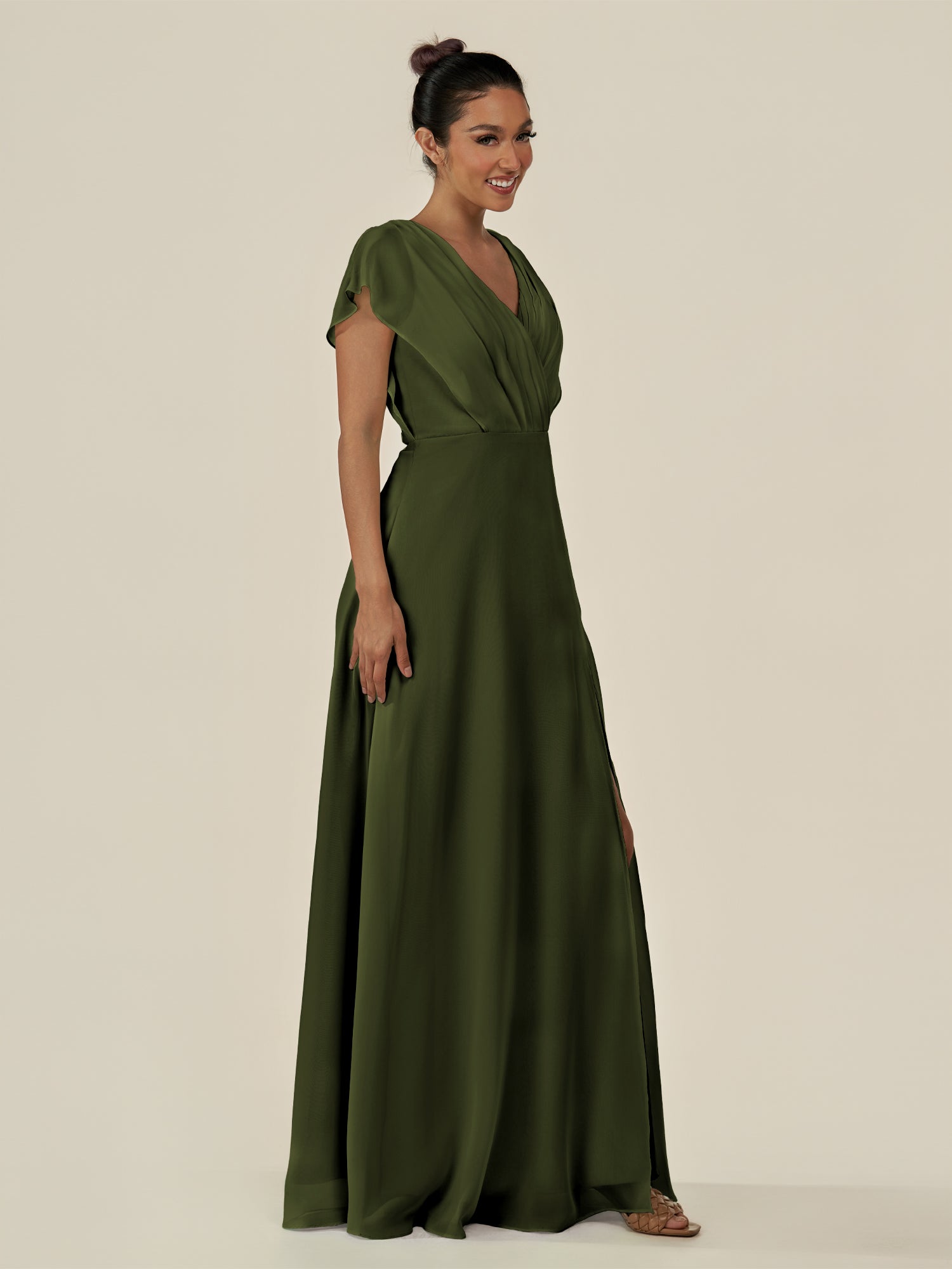 KissDress-Aven Olive A Line Chiffon Cap Sleeves V Neck Pleated Long Bridesmaid Dress with Slit