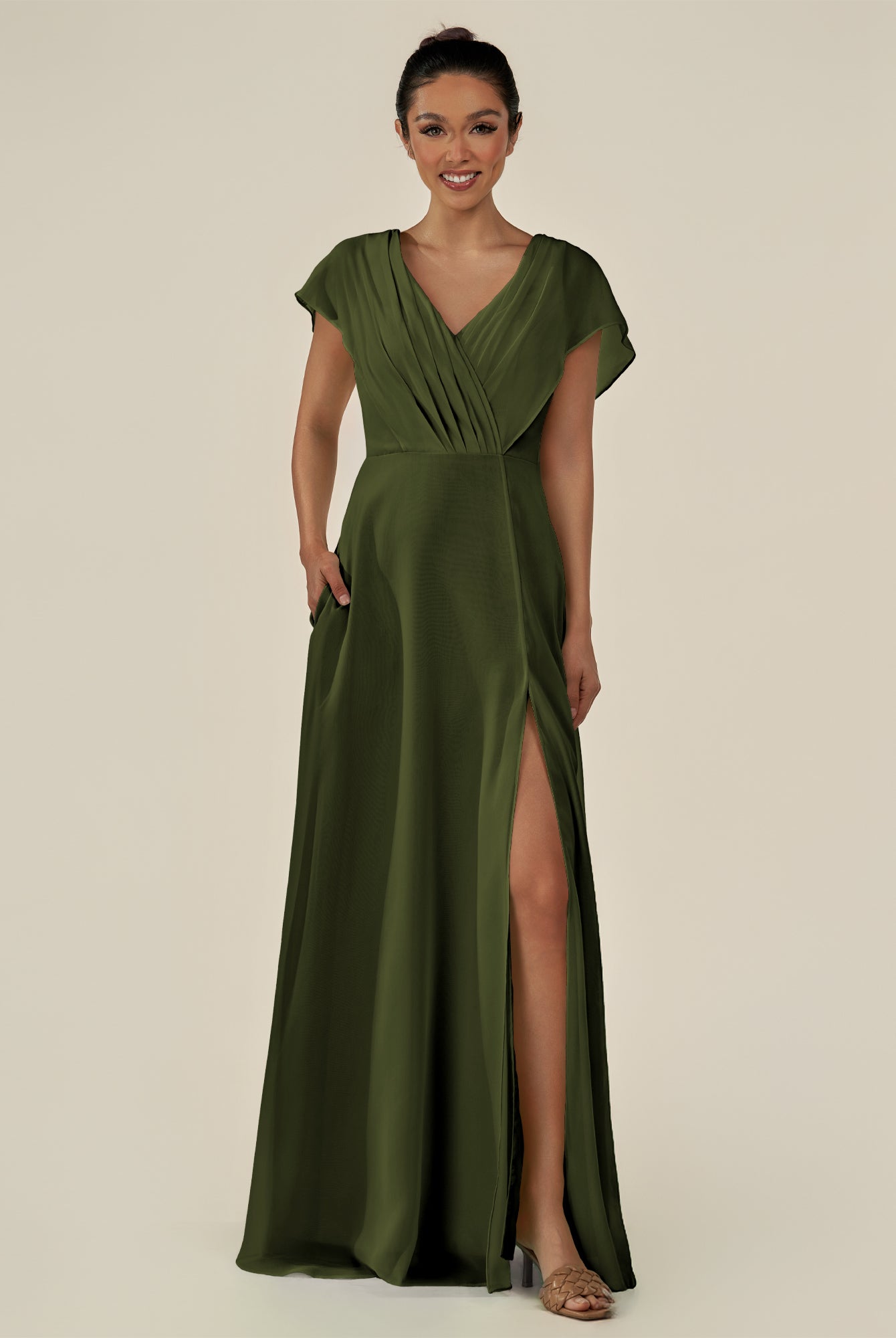 KissDress-Aven Olive A Line Chiffon Cap Sleeves V Neck Pleated Long Bridesmaid Dress with Slit
