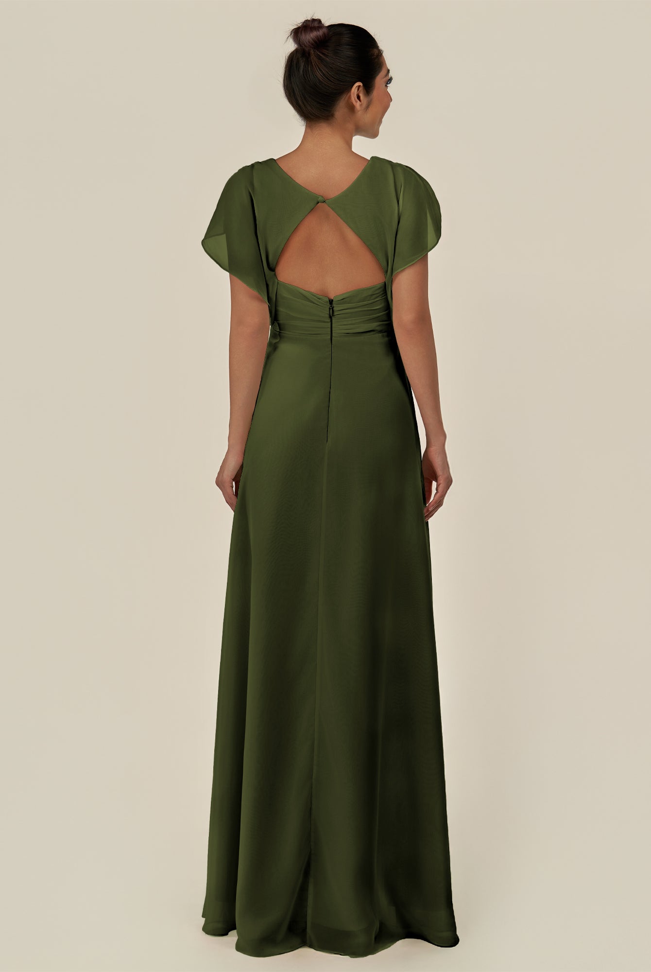 KissDress-Aven Olive A Line Chiffon Cap Sleeves V Neck Pleated Long Bridesmaid Dress with Slit