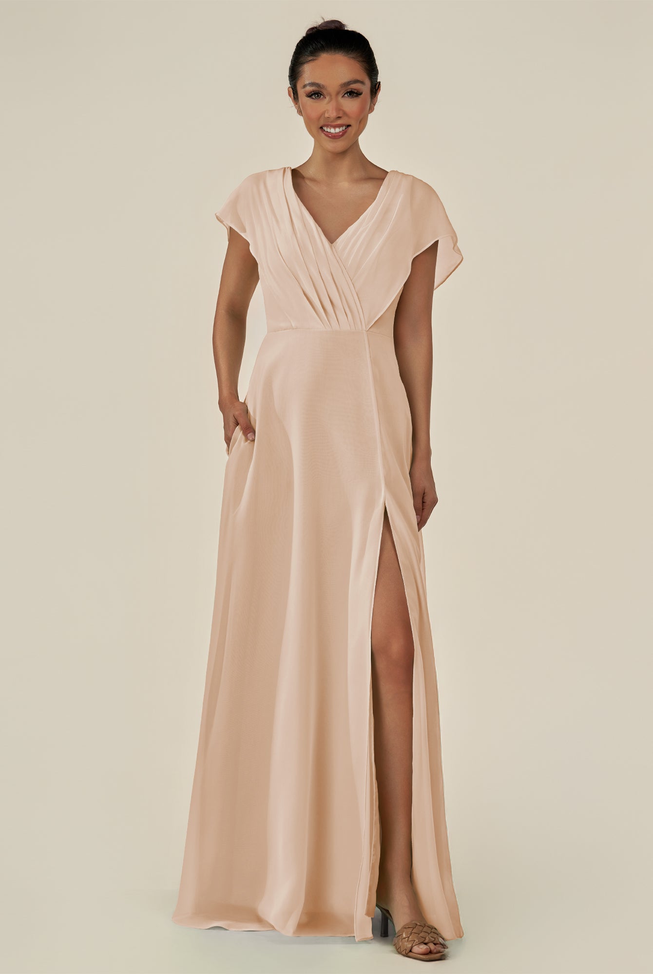 KissDress-Aven Pale Blush A Line Chiffon Cap Sleeves V Neck Pleated Long Bridesmaid Dress with Slit