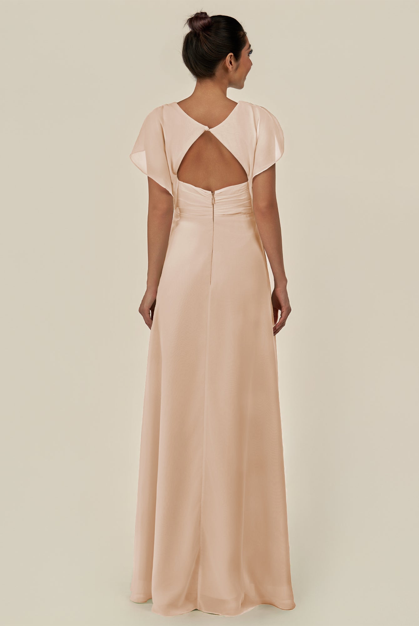 KissDress-Aven Pale Blush A Line Chiffon Cap Sleeves V Neck Pleated Long Bridesmaid Dress with Slit