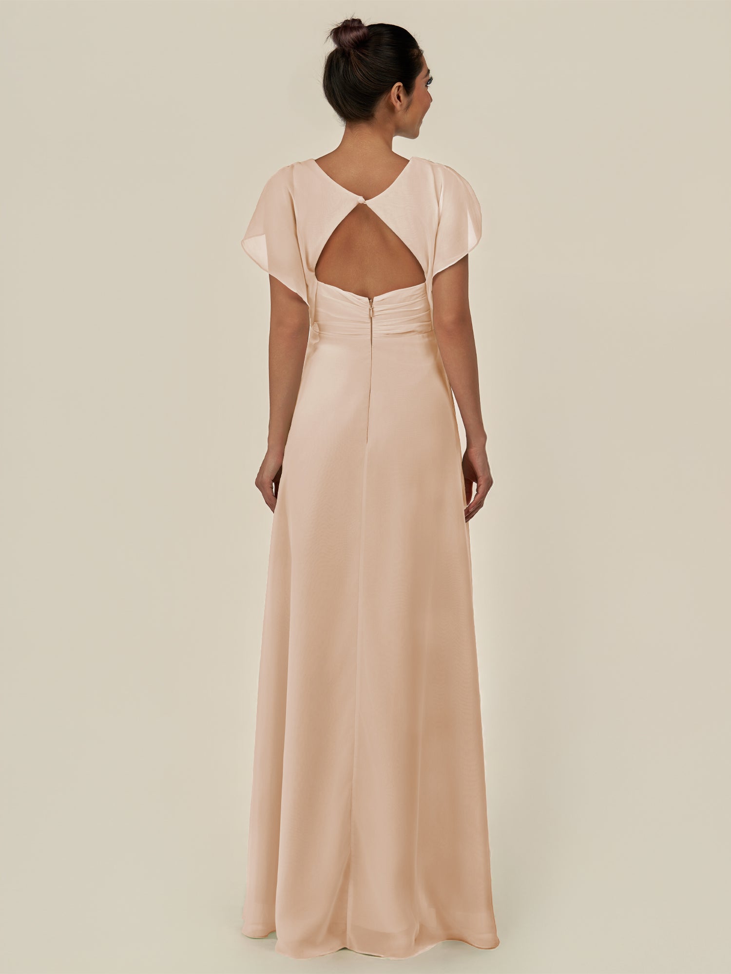 KissDress-Aven Pale Blush A Line Chiffon Cap Sleeves V Neck Pleated Long Bridesmaid Dress with Slit