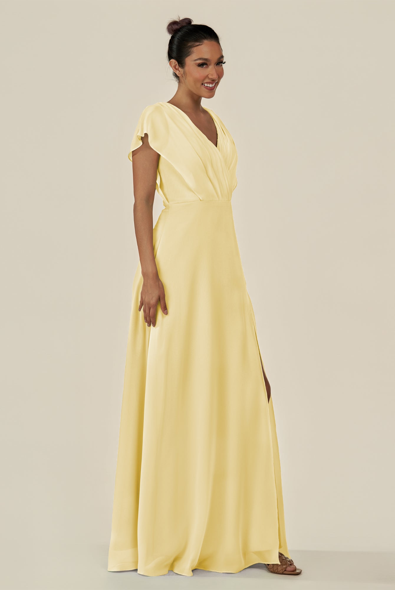 KissDress-Aven Pastel Yellow A Line Chiffon Cap Sleeves V Neck Pleated Long Bridesmaid Dress with Slit