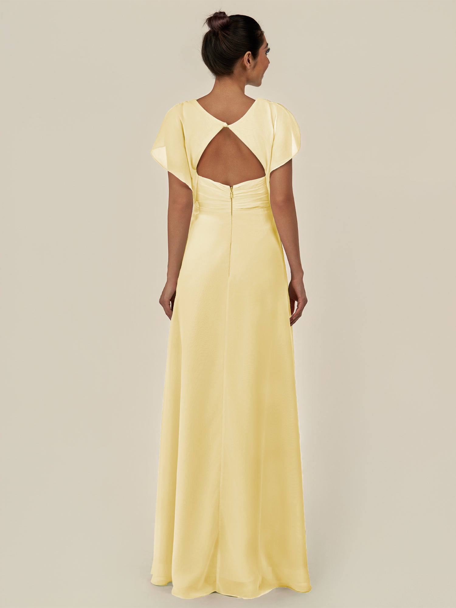 KissDress-Aven Pastel Yellow A Line Chiffon Cap Sleeves V Neck Pleated Long Bridesmaid Dress with Slit