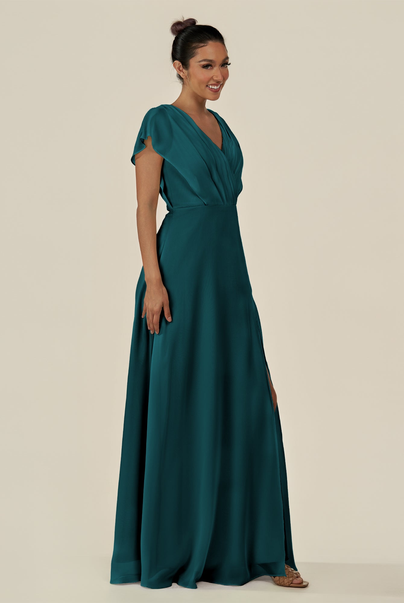 KissDress-Aven Pine A Line Chiffon Cap Sleeves V Neck Pleated Long Bridesmaid Dress with Slit