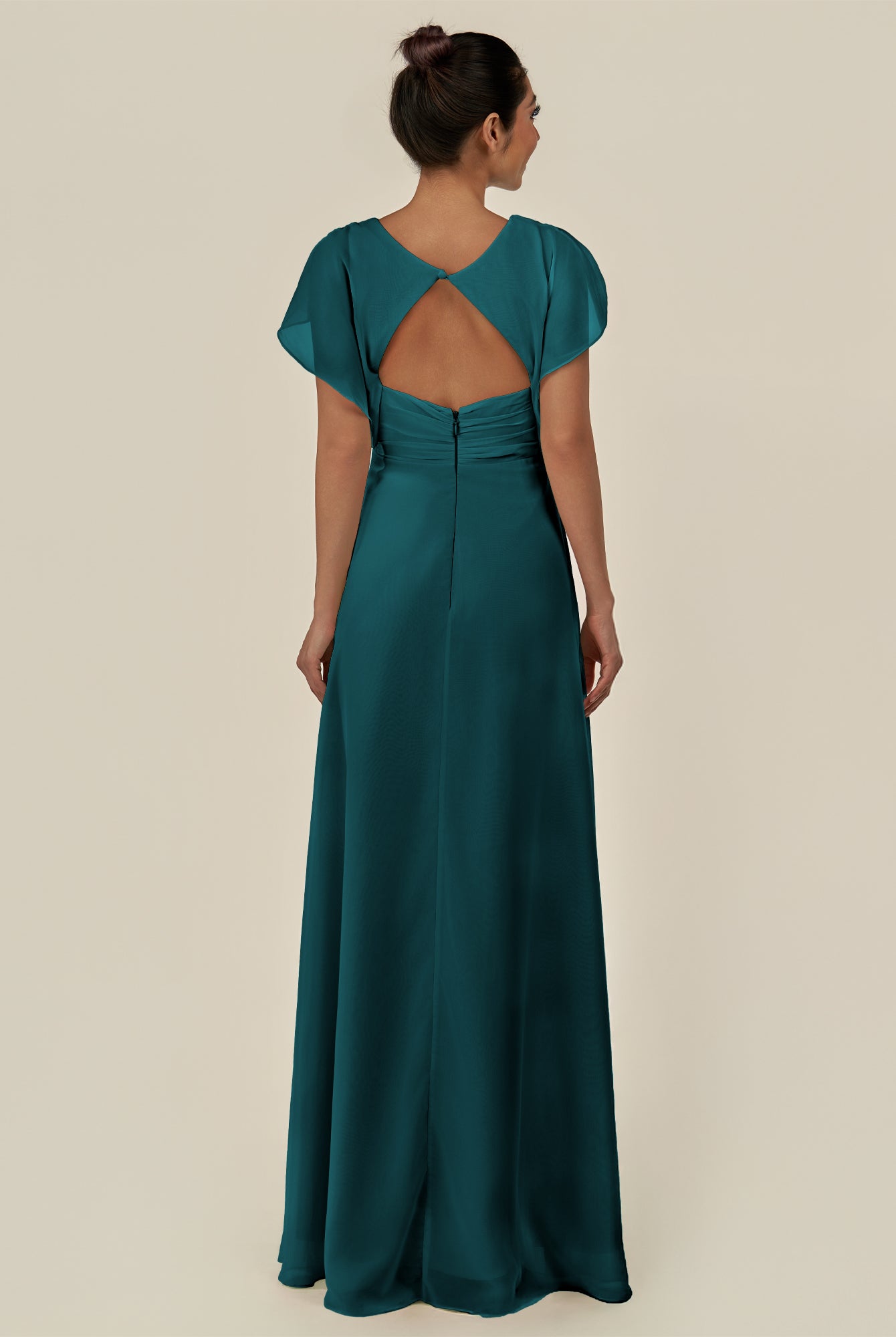 KissDress-Aven Pine A Line Chiffon Cap Sleeves V Neck Pleated Long Bridesmaid Dress with Slit