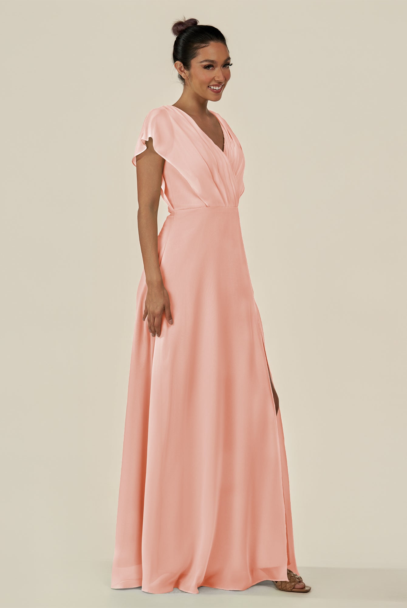 KissDress-Aven Rose Petal A Line Chiffon Cap Sleeves V Neck Pleated Long Bridesmaid Dress with Slit