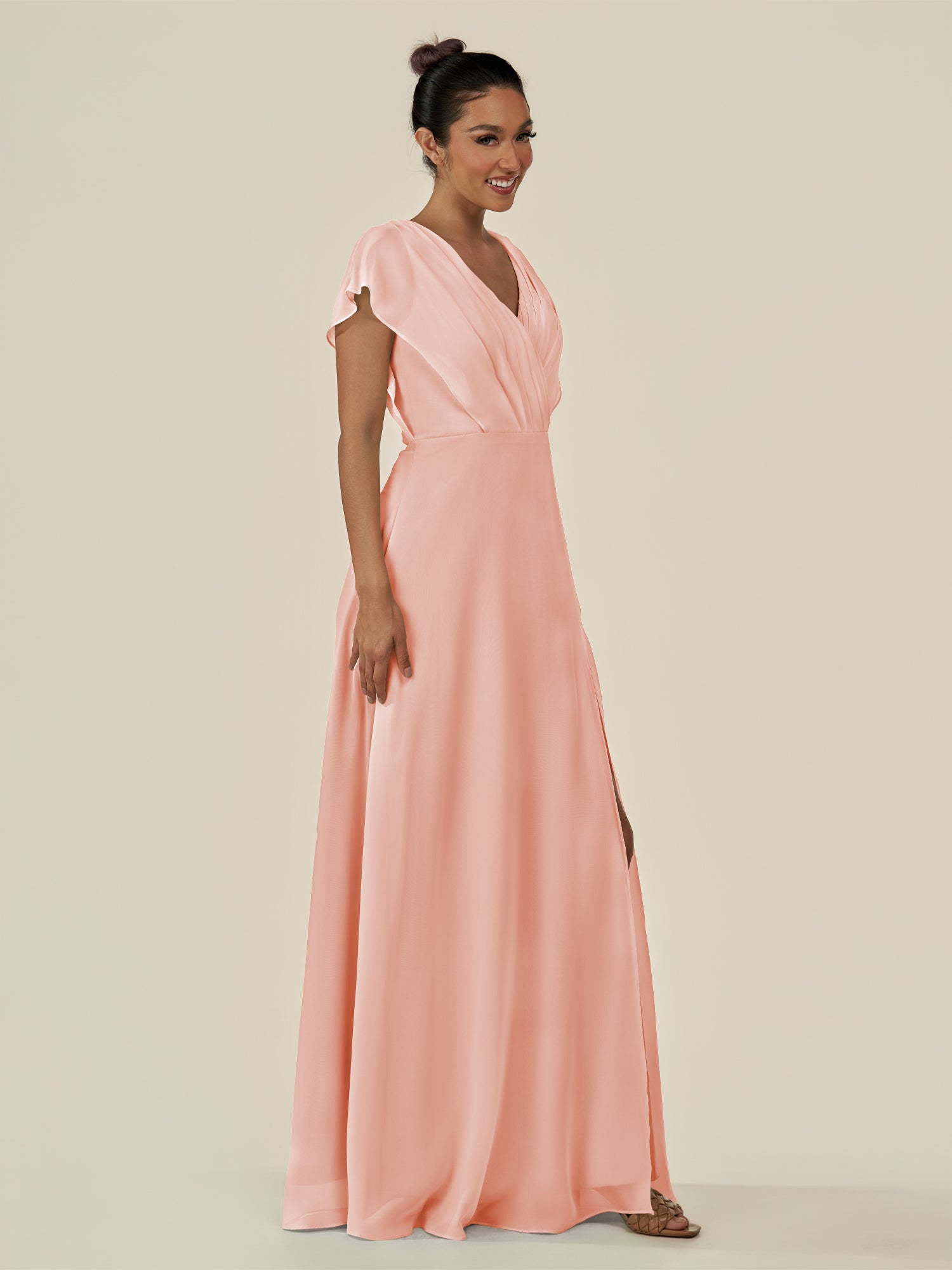 KissDress-Aven Rose Petal A Line Chiffon Cap Sleeves V Neck Pleated Long Bridesmaid Dress with Slit