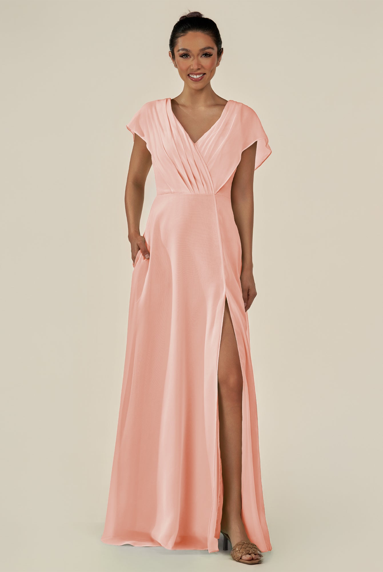 KissDress-Aven Rose Petal A Line Chiffon Cap Sleeves V Neck Pleated Long Bridesmaid Dress with Slit