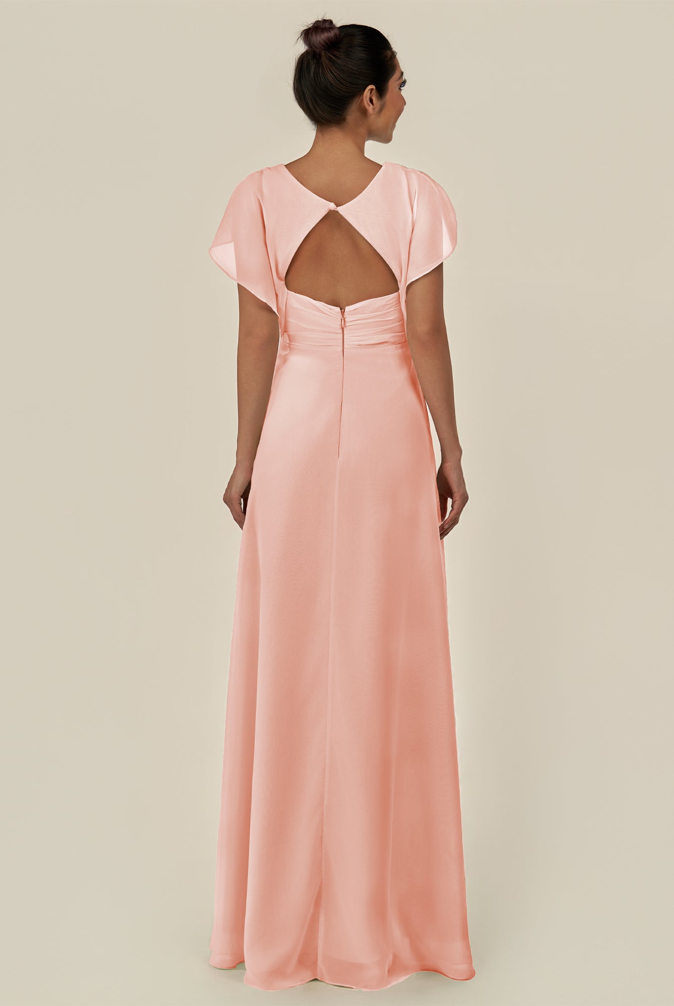 KissDress-Aven Rose Petal A Line Chiffon Cap Sleeves V Neck Pleated Long Bridesmaid Dress with Slit