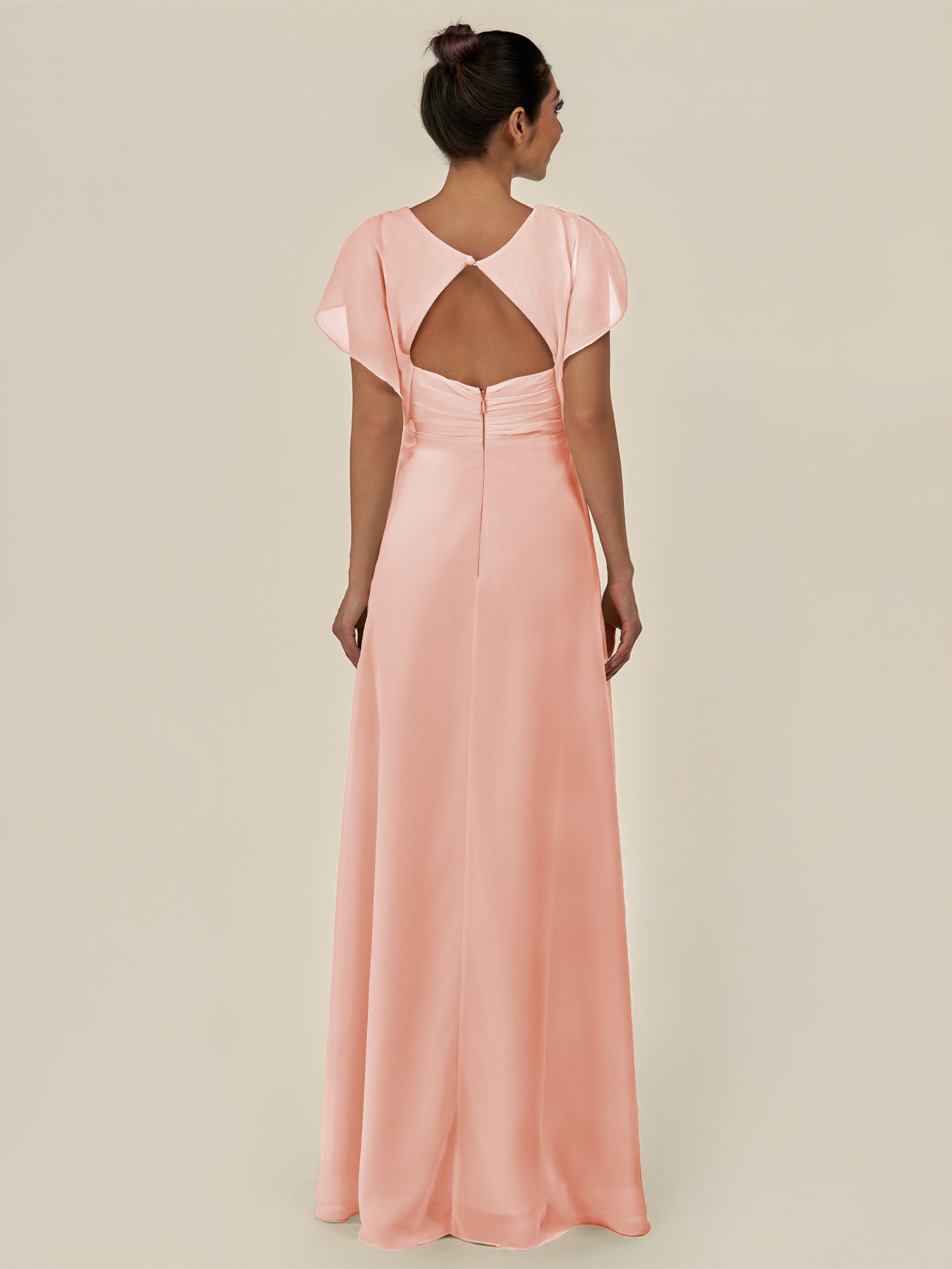 KissDress-Aven Rose Petal A Line Chiffon Cap Sleeves V Neck Pleated Long Bridesmaid Dress with Slit
