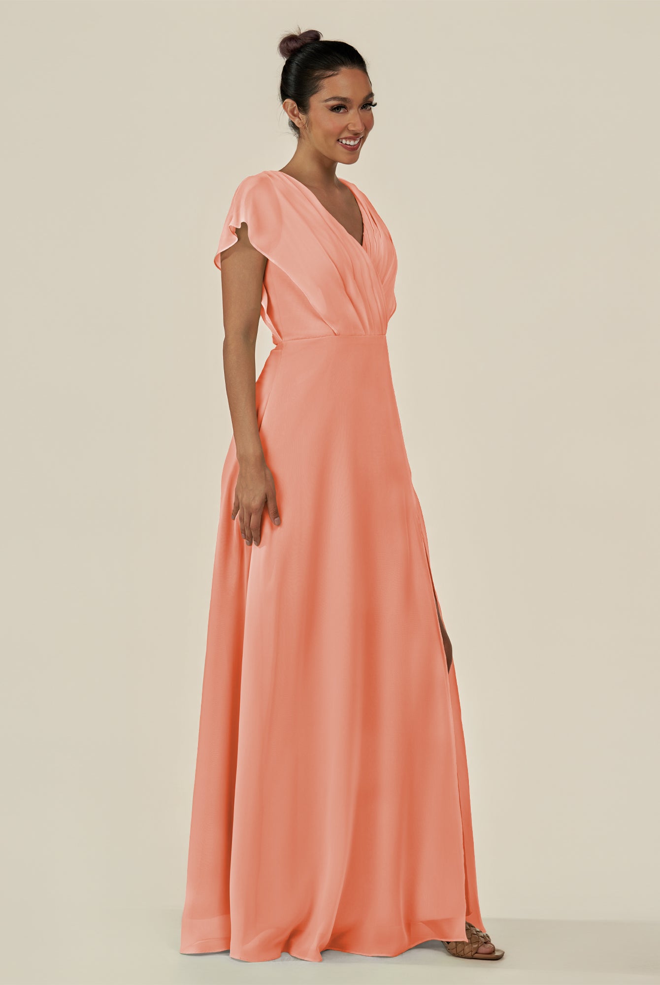 KissDress-Aven Rosette A Line Chiffon Cap Sleeves V Neck Pleated Long Bridesmaid Dress with Slit