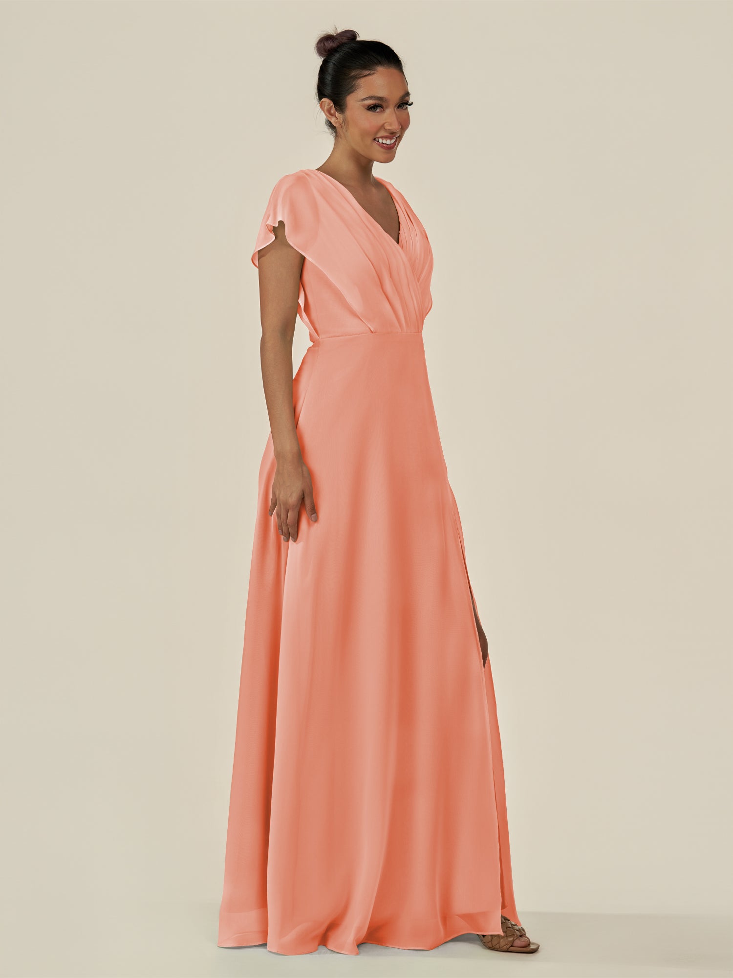 KissDress-Aven Rosette A Line Chiffon Cap Sleeves V Neck Pleated Long Bridesmaid Dress with Slit