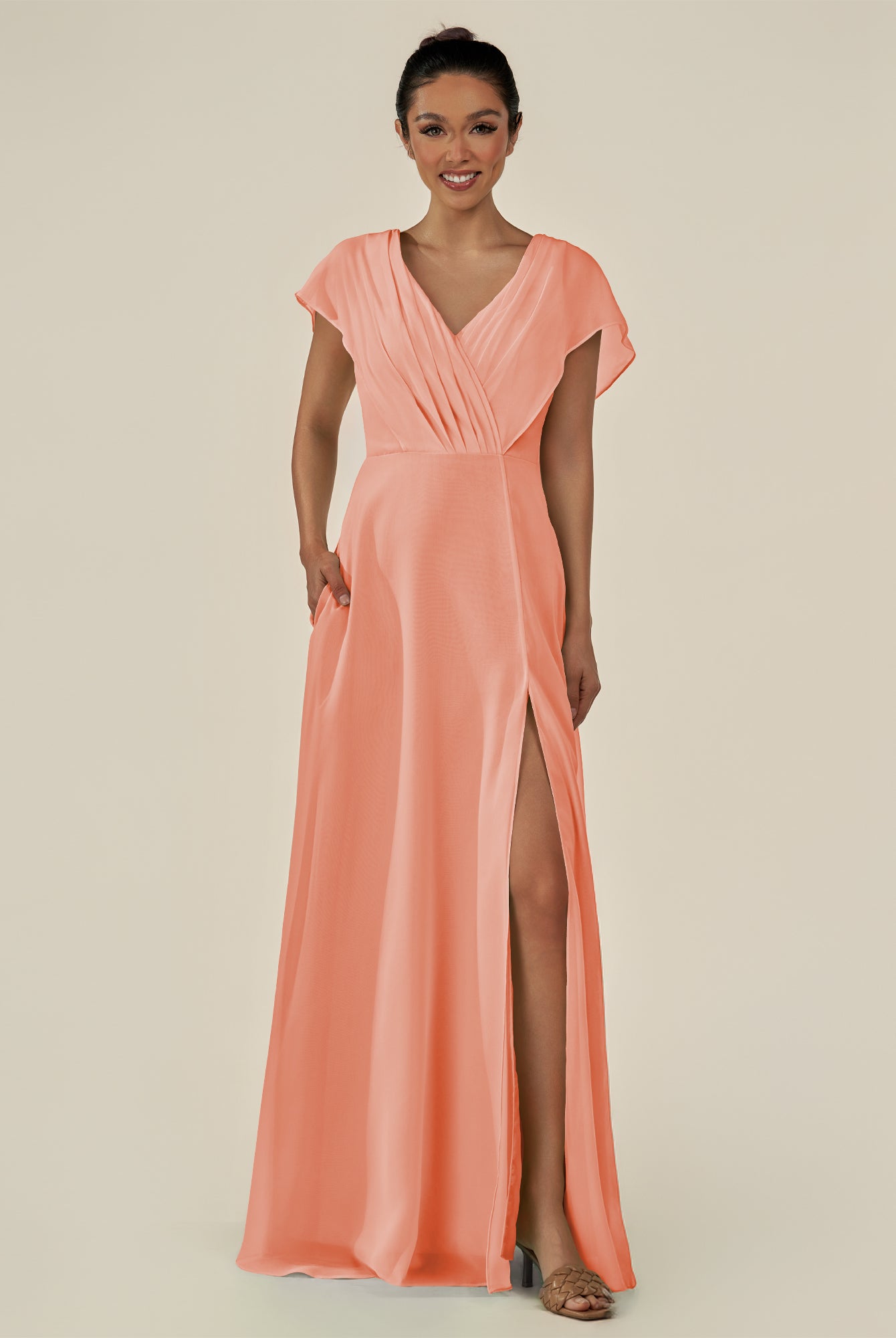 KissDress-Aven Rosette A Line Chiffon Cap Sleeves V Neck Pleated Long Bridesmaid Dress with Slit