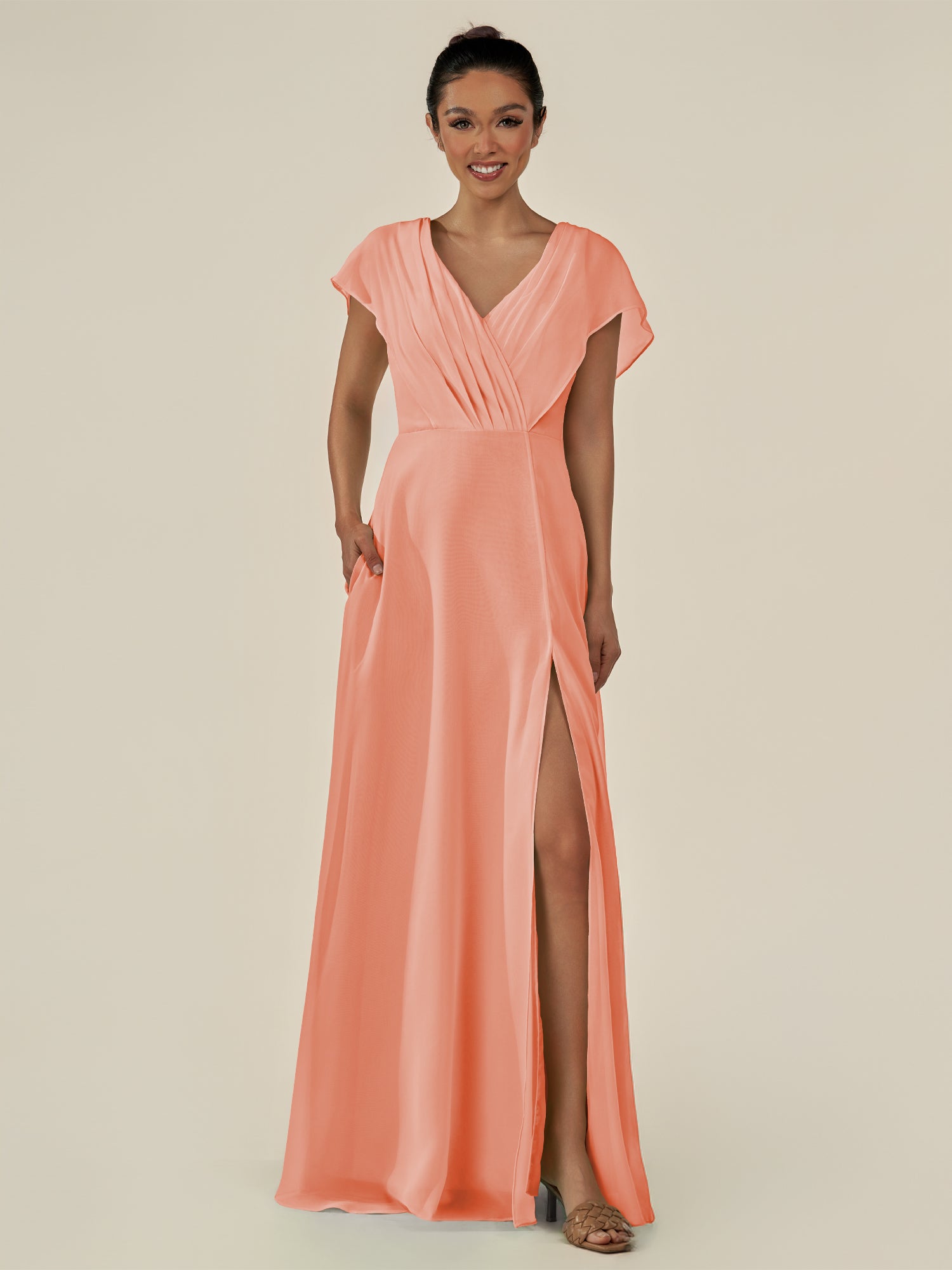 KissDress-Aven Rosette A Line Chiffon Cap Sleeves V Neck Pleated Long Bridesmaid Dress with Slit