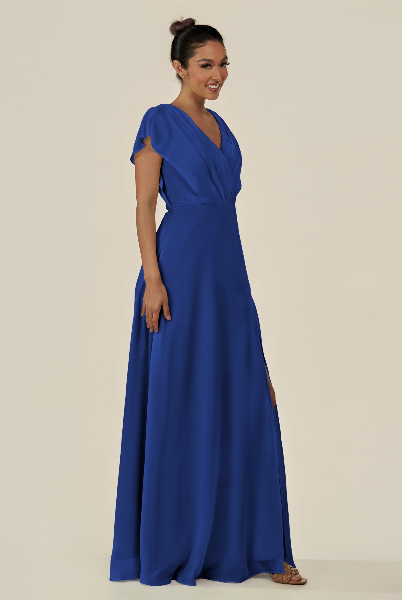 KissDress-Aven Royal Blue A Line Chiffon Cap Sleeves V Neck Pleated Long Bridesmaid Dress with Slit