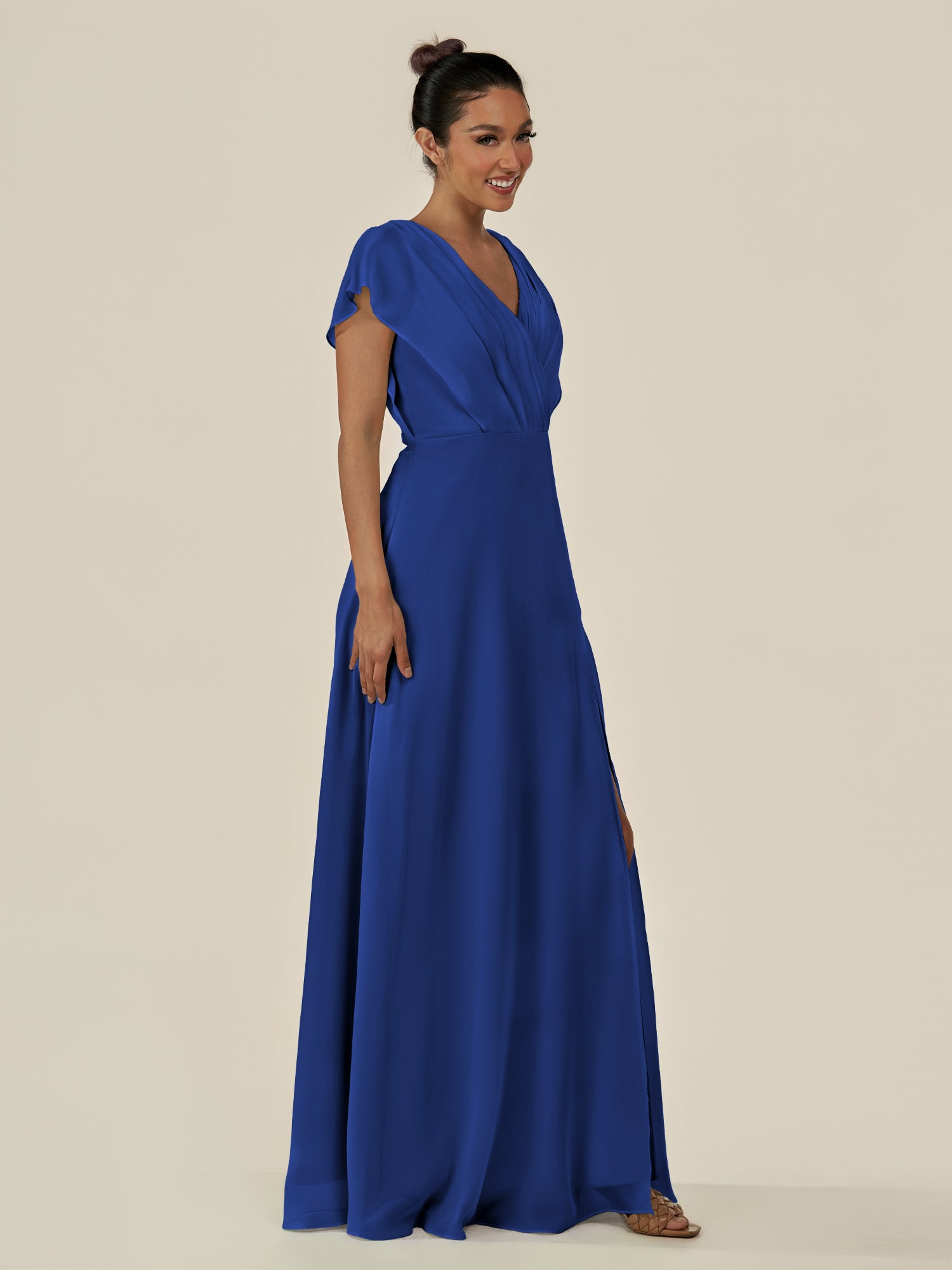 KissDress-Aven Royal Blue A Line Chiffon Cap Sleeves V Neck Pleated Long Bridesmaid Dress with Slit