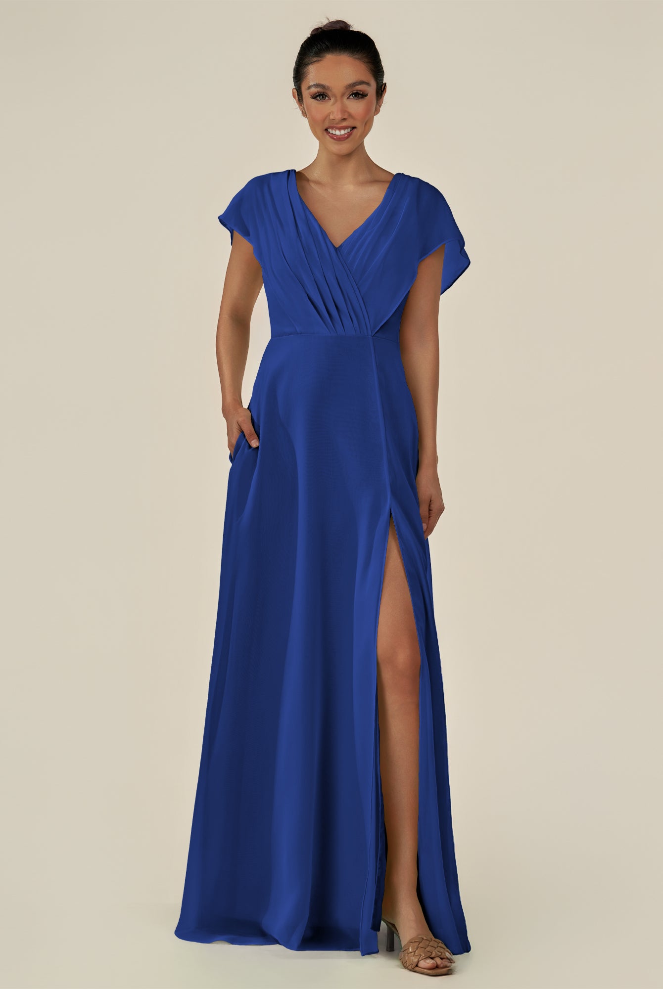 KissDress-Aven Royal Blue A Line Chiffon Cap Sleeves V Neck Pleated Long Bridesmaid Dress with Slit