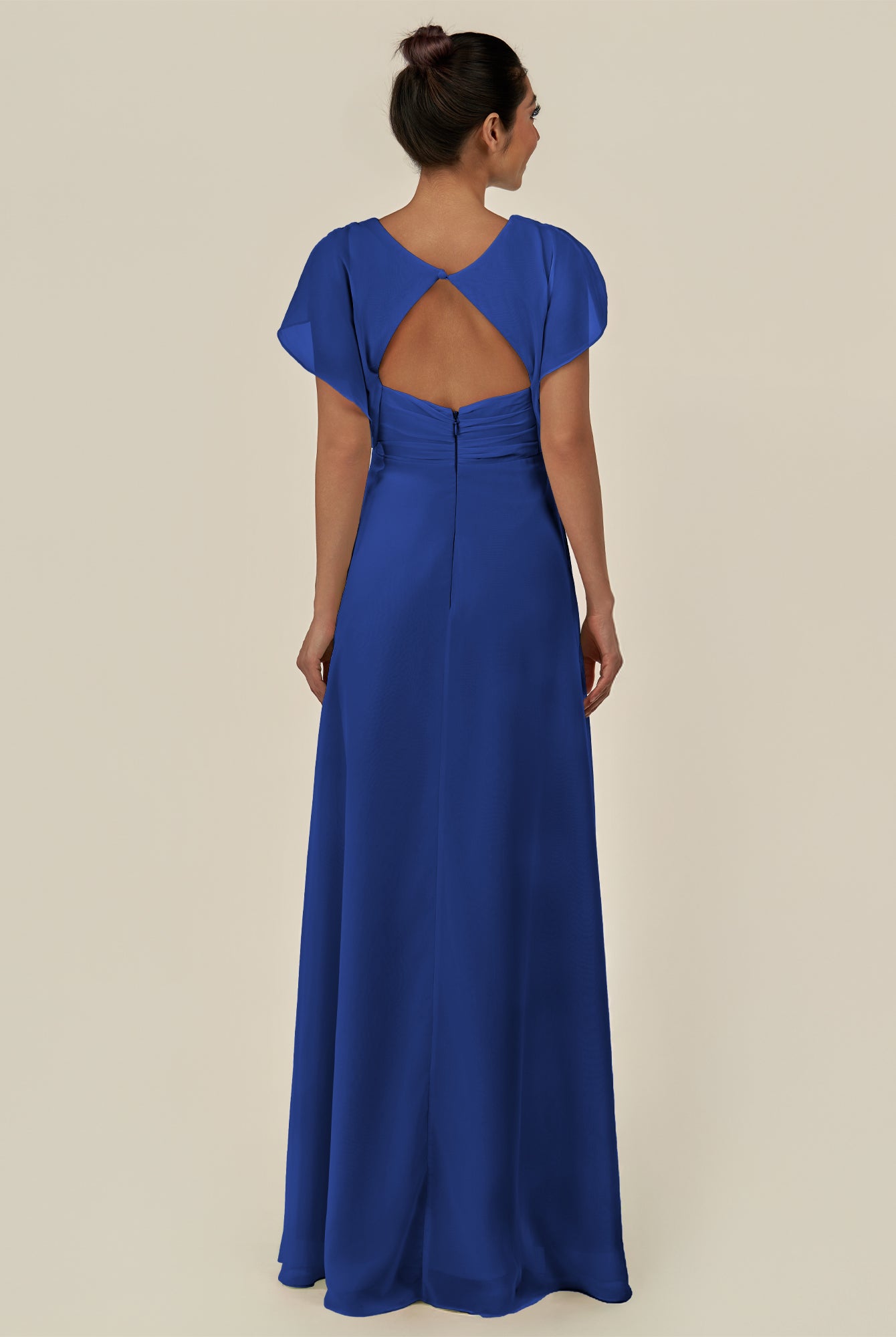 KissDress-Aven Royal Blue A Line Chiffon Cap Sleeves V Neck Pleated Long Bridesmaid Dress with Slit