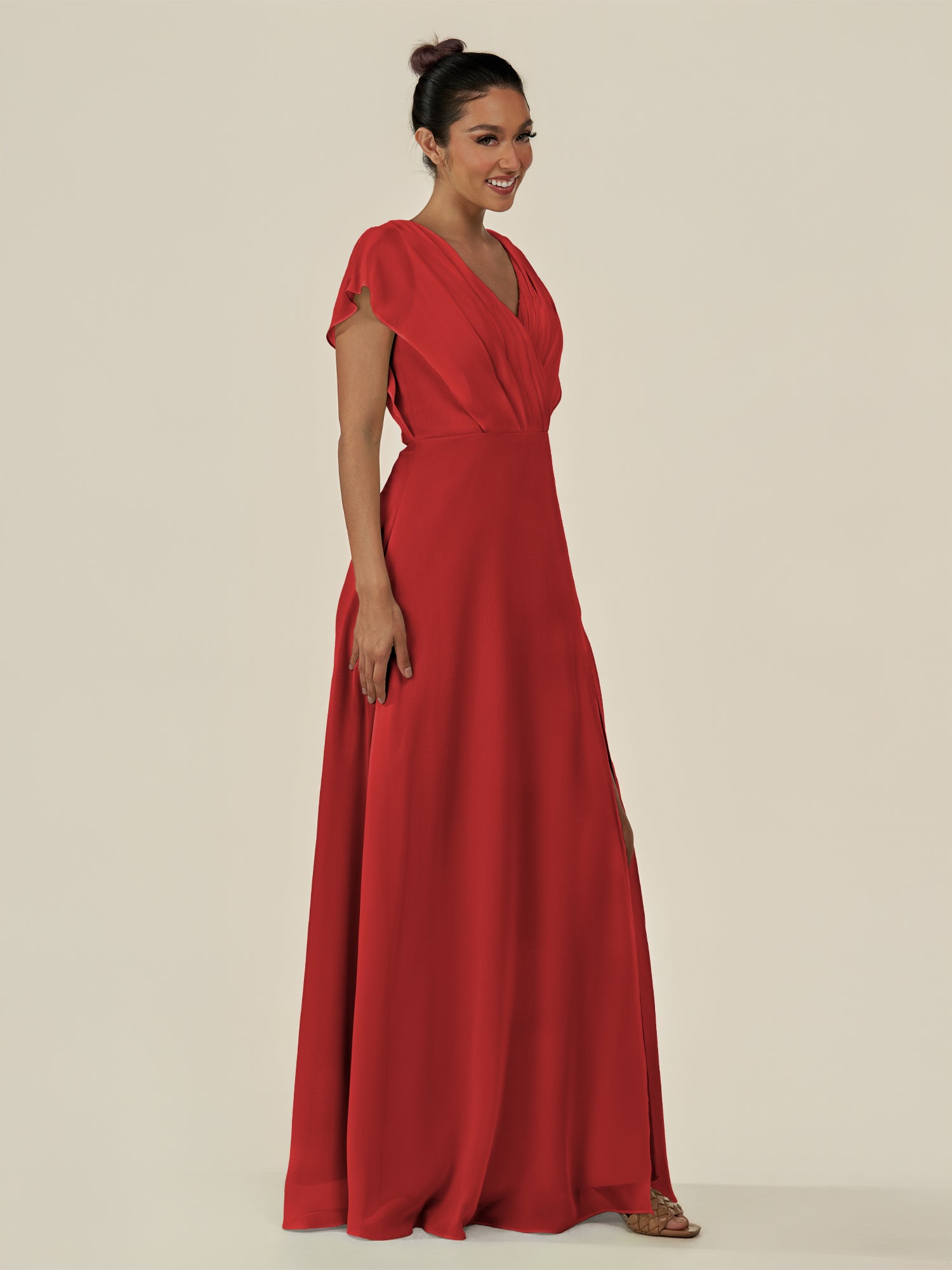 KissDress-Aven Ruby Red A Line Chiffon Cap Sleeves V Neck Pleated Long Bridesmaid Dress with Slit