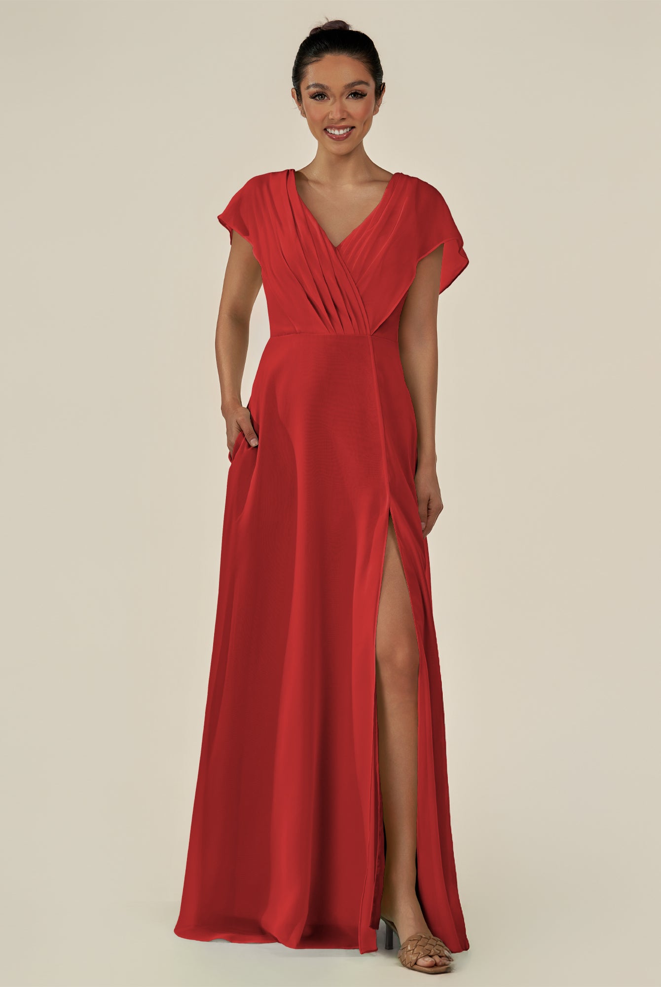 KissDress-Aven Ruby Red A Line Chiffon Cap Sleeves V Neck Pleated Long Bridesmaid Dress with Slit