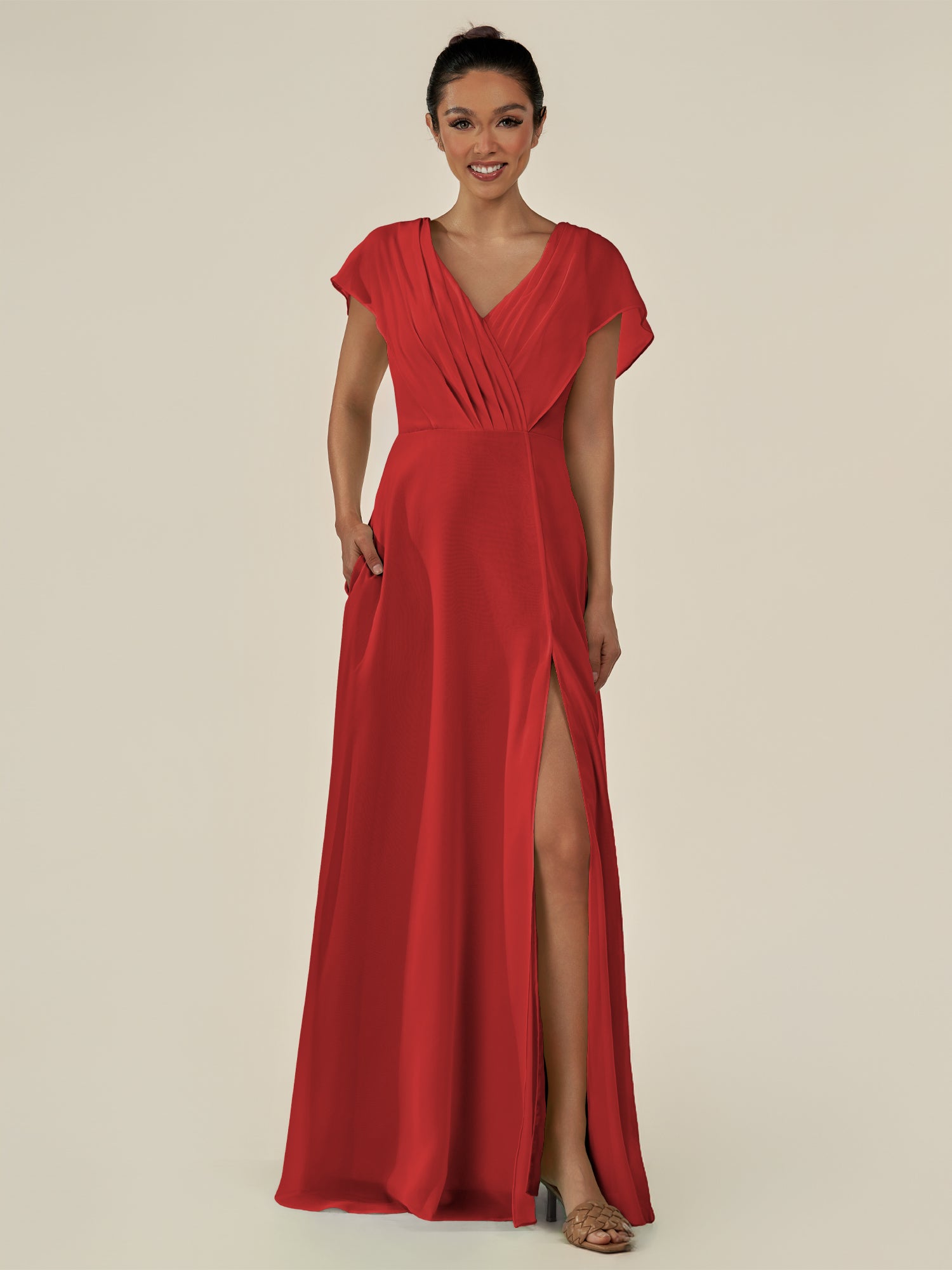 KissDress-Aven Ruby Red A Line Chiffon Cap Sleeves V Neck Pleated Long Bridesmaid Dress with Slit