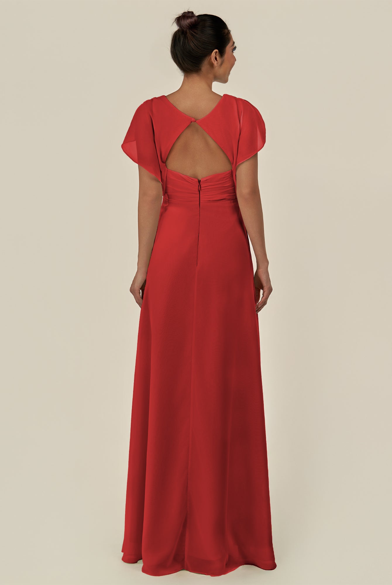 KissDress-Aven Ruby Red A Line Chiffon Cap Sleeves V Neck Pleated Long Bridesmaid Dress with Slit